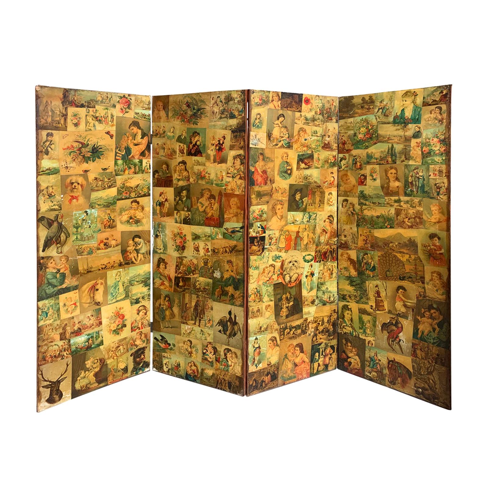 19th Century English Decalcomania Four-Panel Screen For Sale
