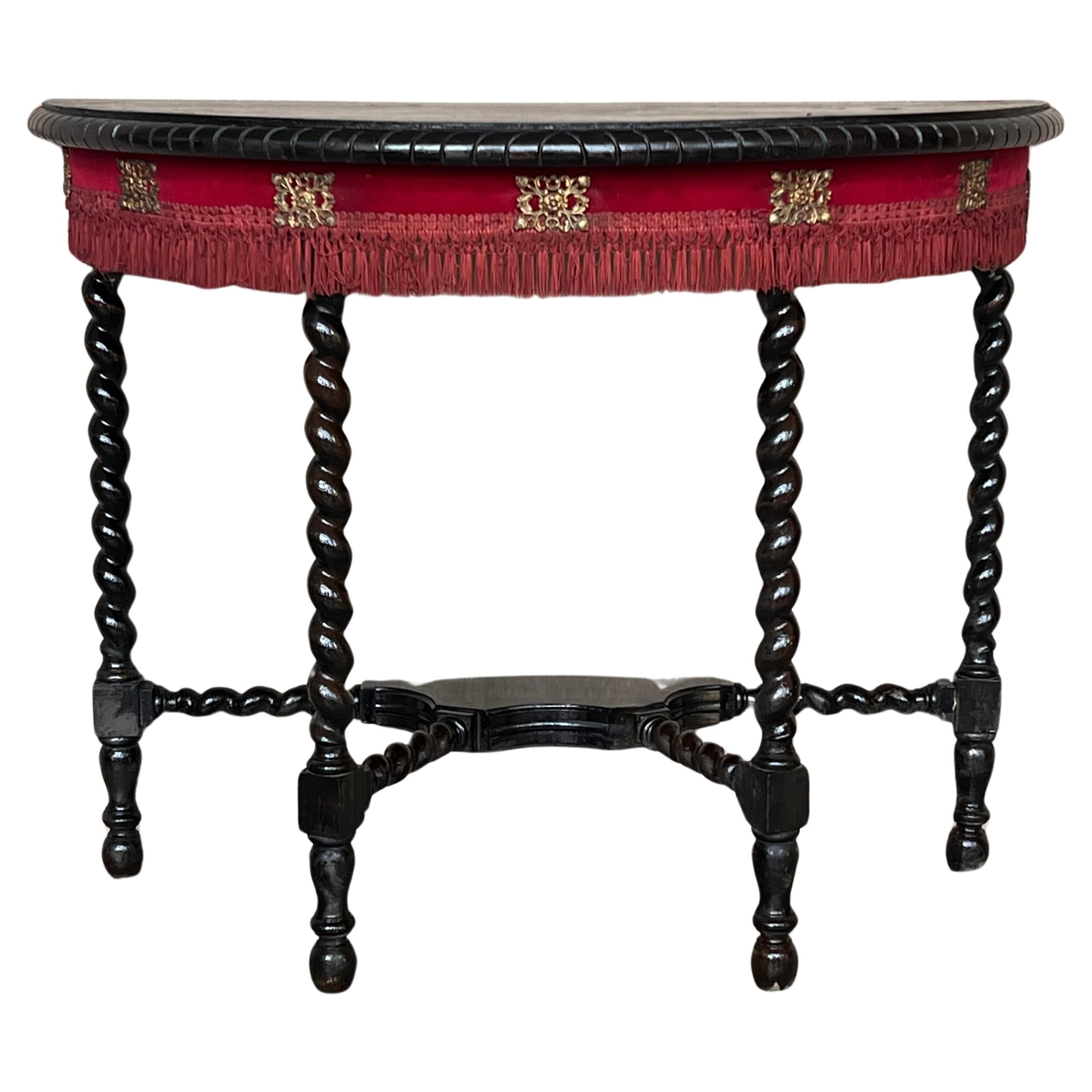 19th Century English Demilune Table with Solomonic Legs and Fringes For Sale