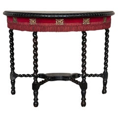 Antique 19th Century English Demilune Table with Solomonic Legs and Fringes