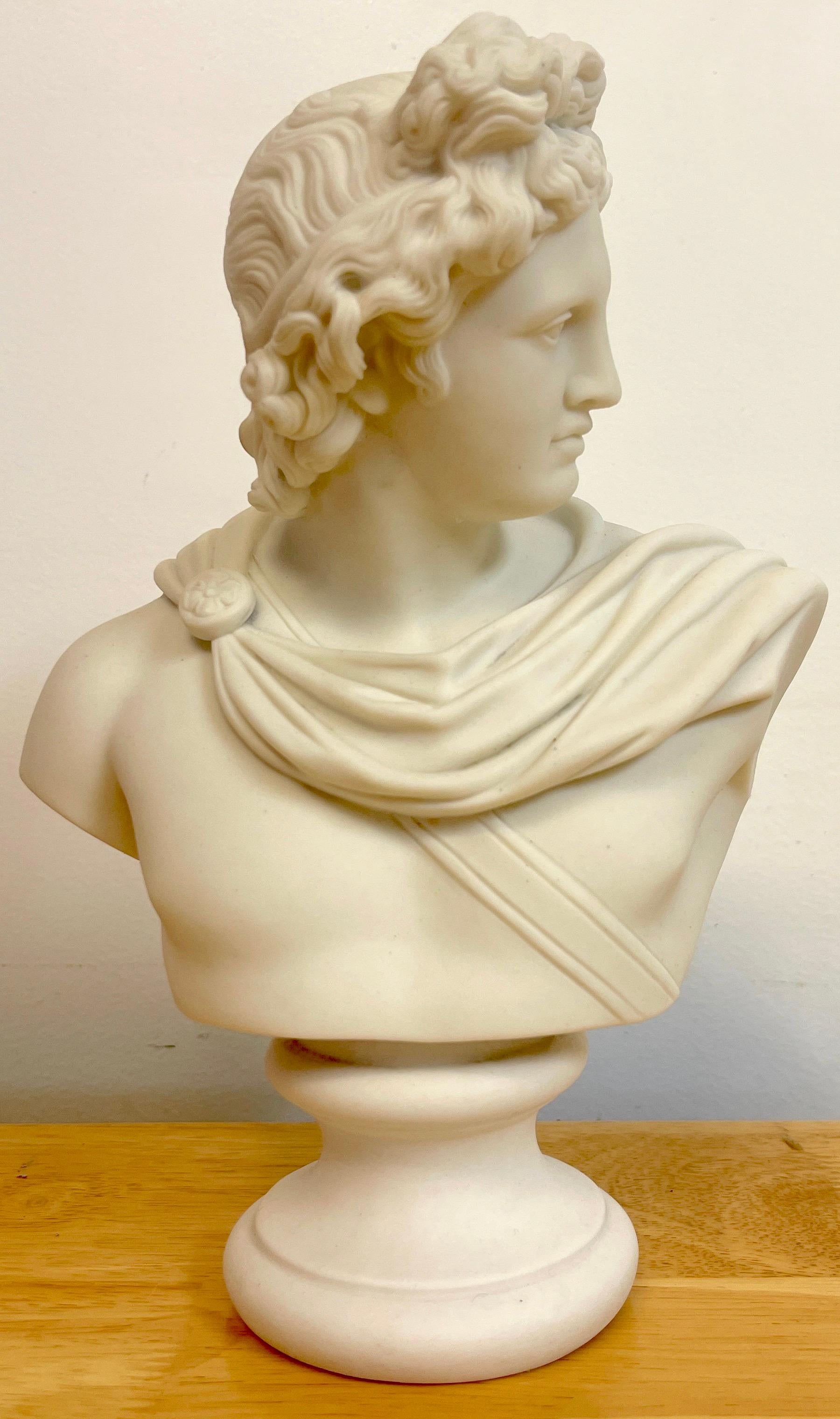 Classical Roman 19th Century English Diminutive Parian Bust of Apollo Belvedere For Sale