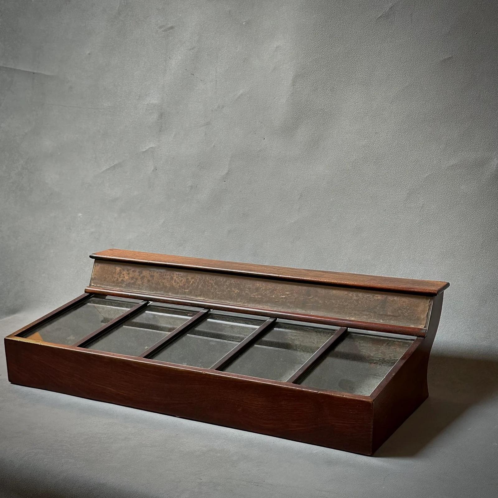 This antique display case from the 1870s showcases the sophistication of Victorian England with its rich mahogany siding and glass-lidded compartments. Its elongated, rectangular design offers an exquisite presentation space, ideal for displaying