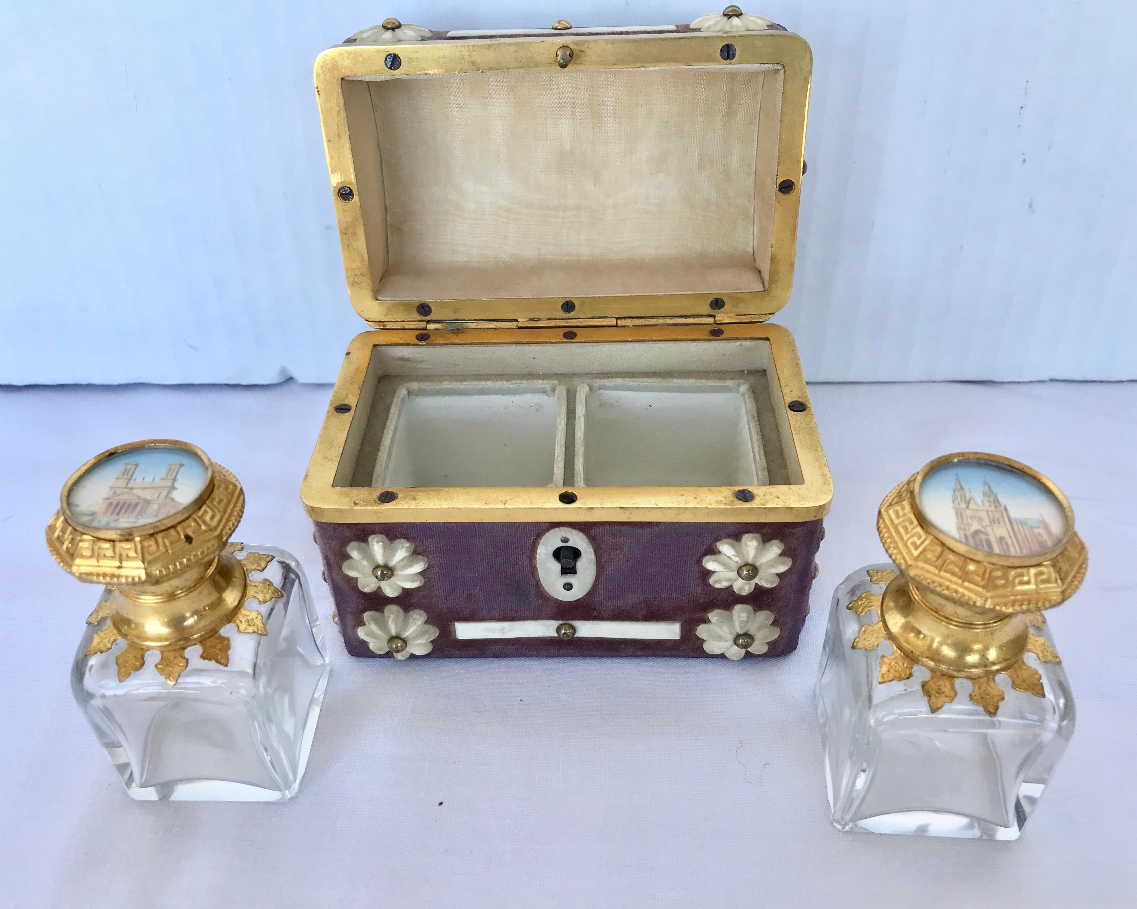 19th Century English Dore' Mounted Travel Casket with 2 Scent Bottles 6