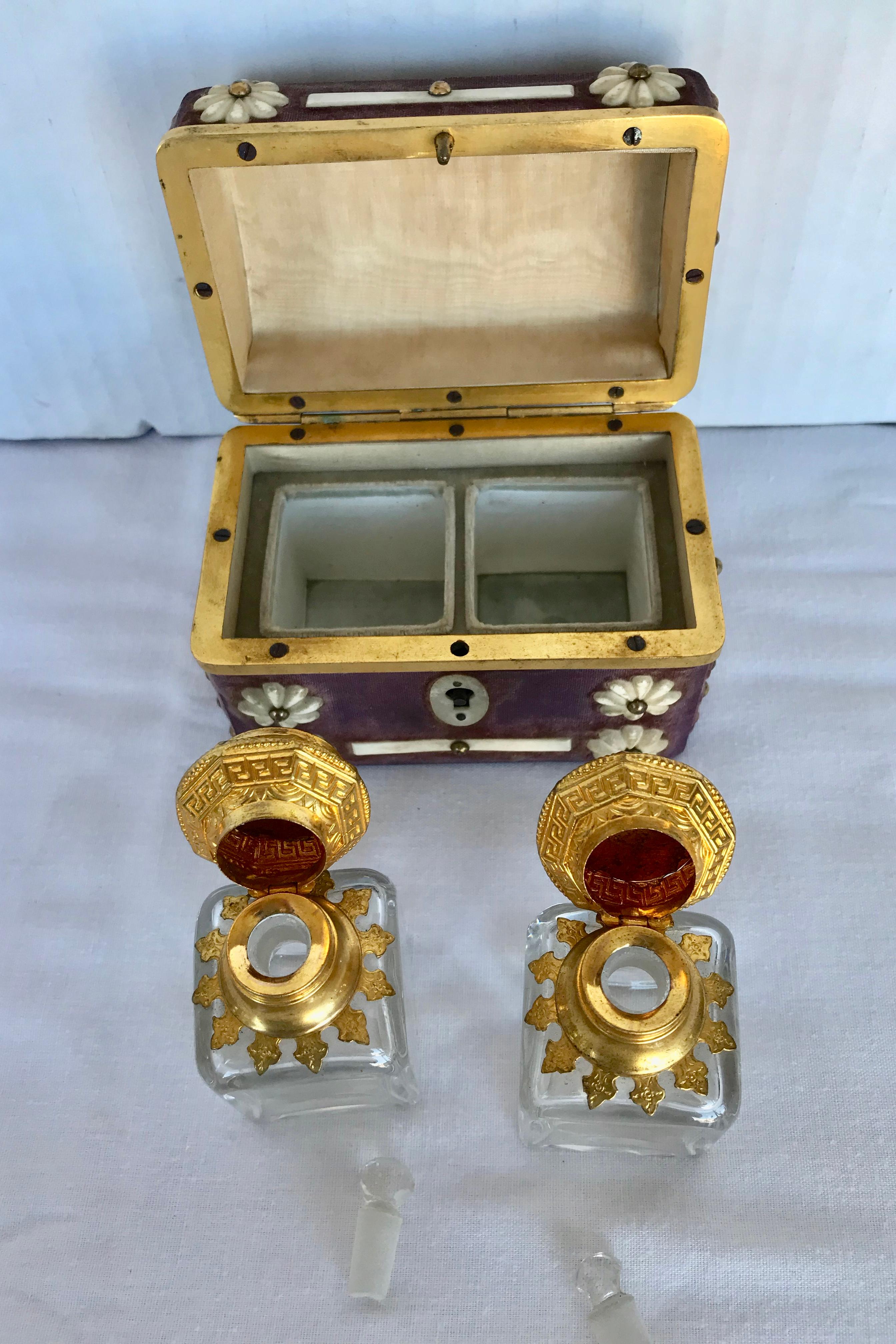 19th Century English Dore' Mounted Travel Casket with 2 Scent Bottles 7