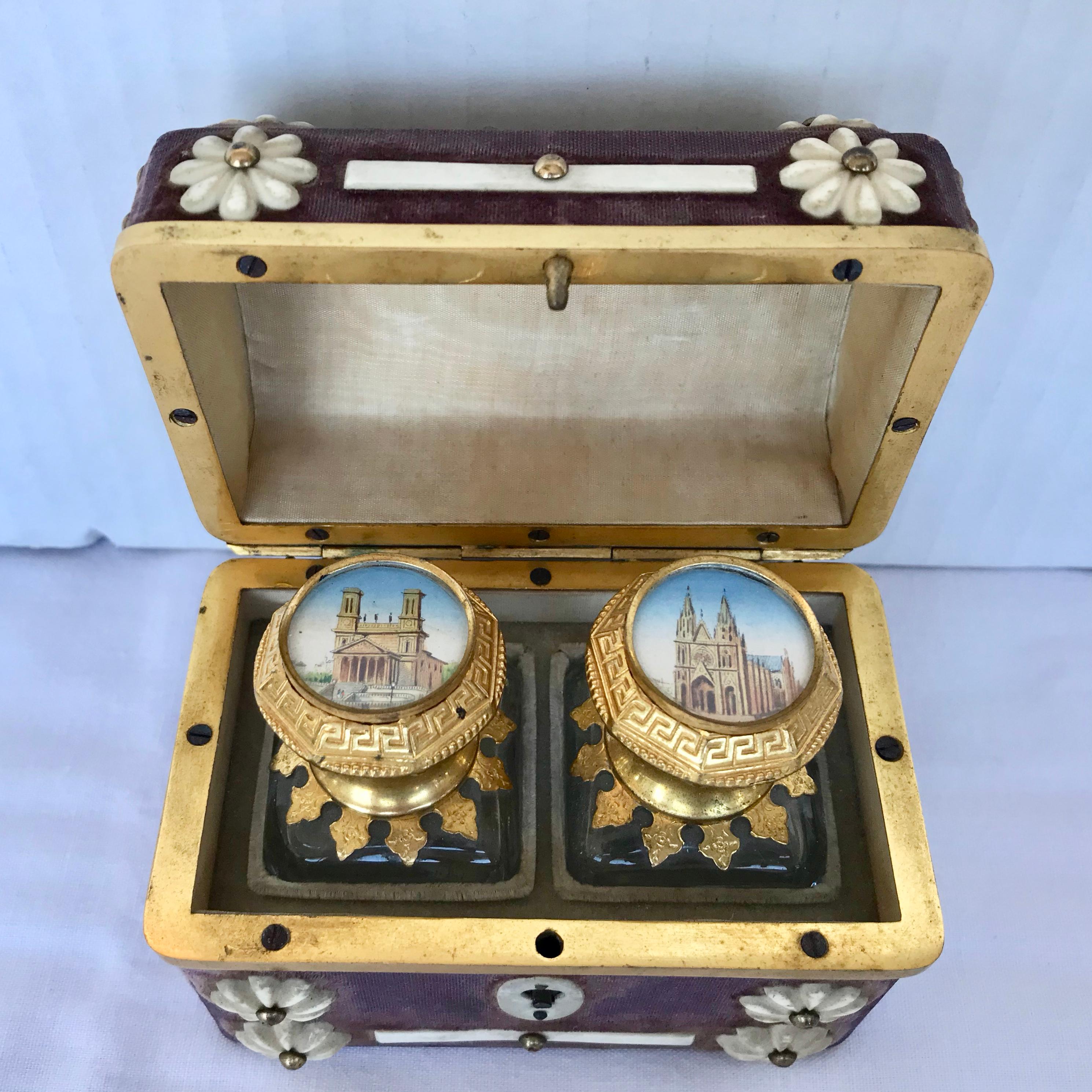 19th Century English Dore' Mounted Travel Casket with 2 Scent Bottles 4