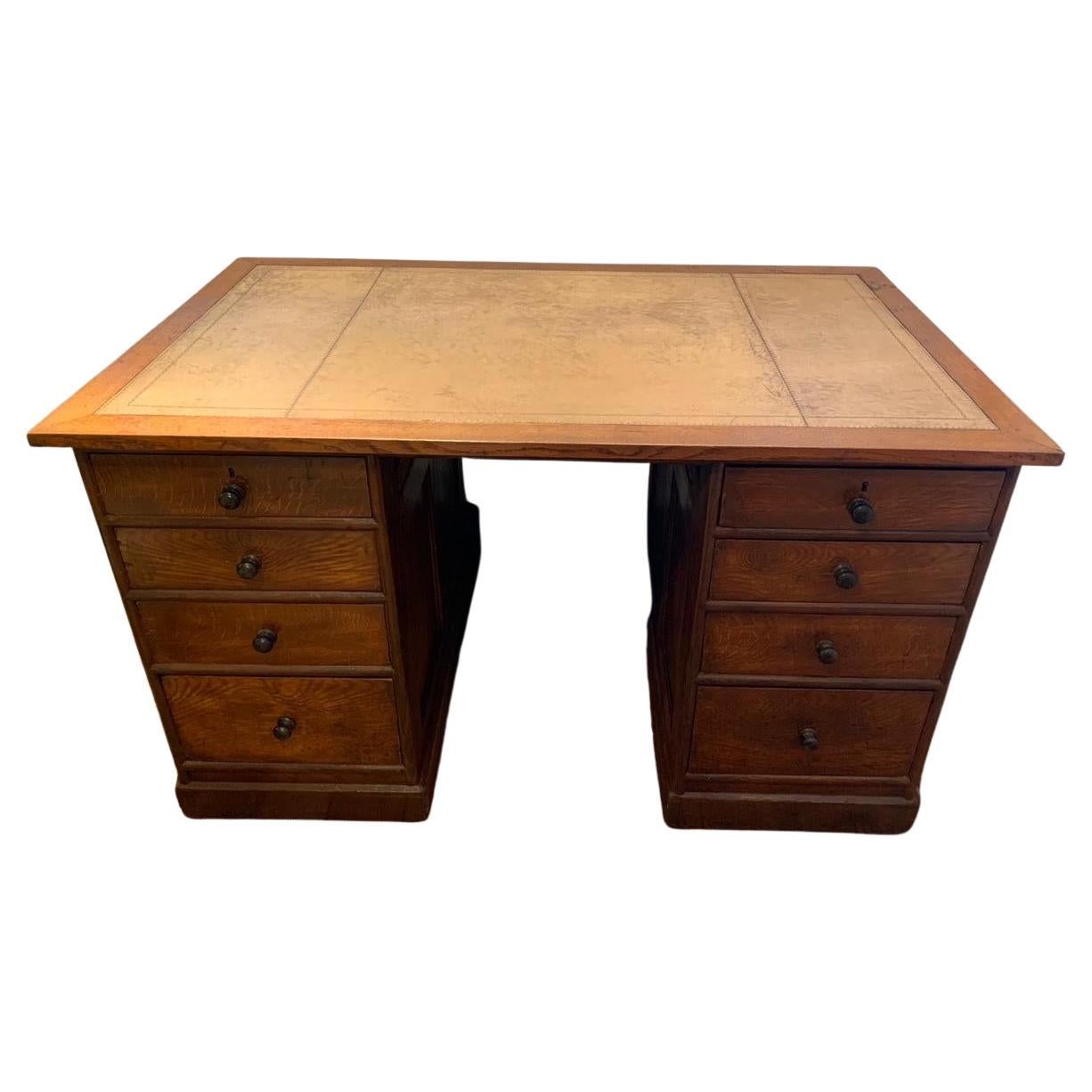 19th Century English Double Pedestal Desk With Tan Leather Top