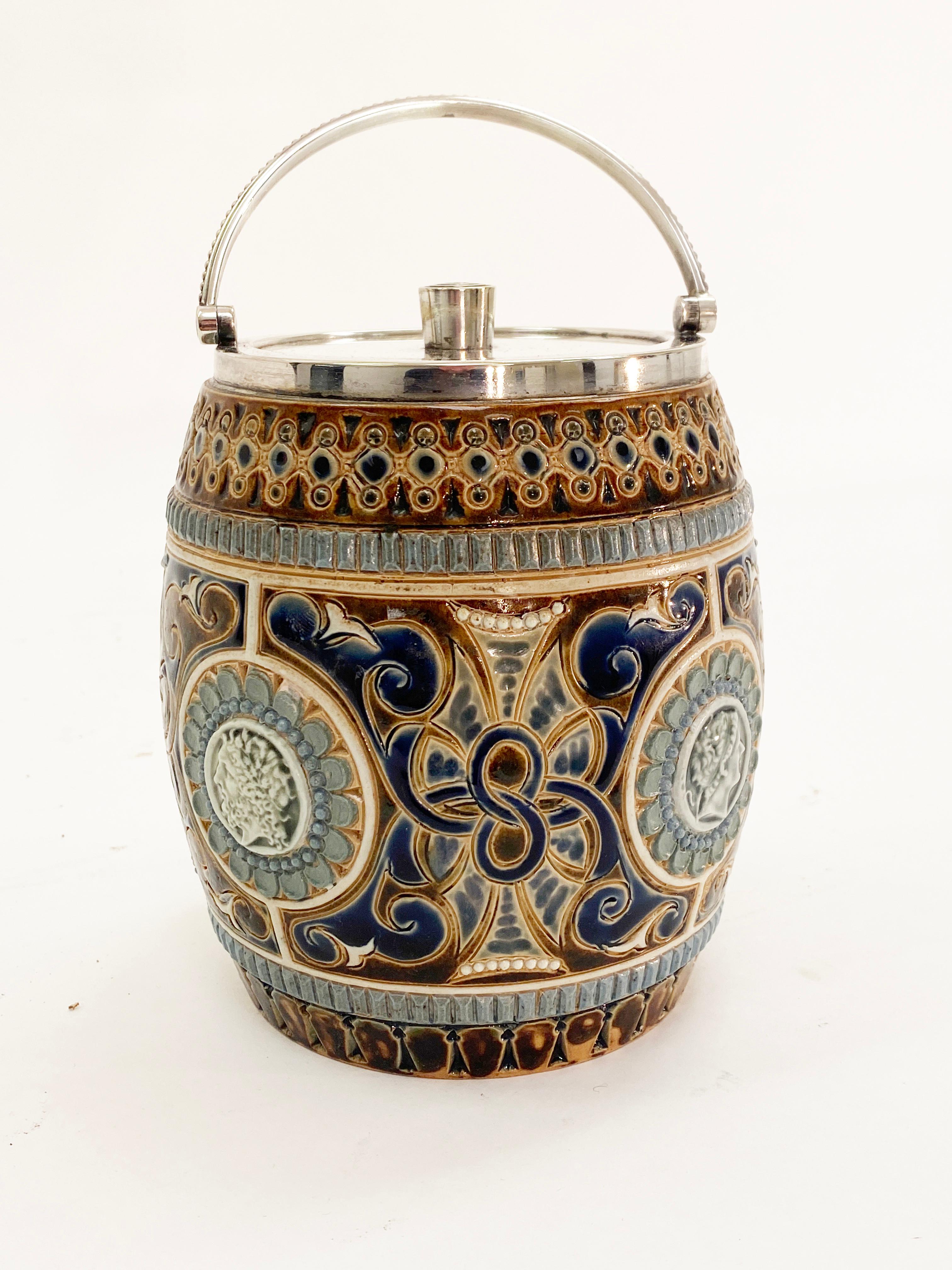 Classical Greek 19th Century English Doulton Lambeth Biscuit Barrel