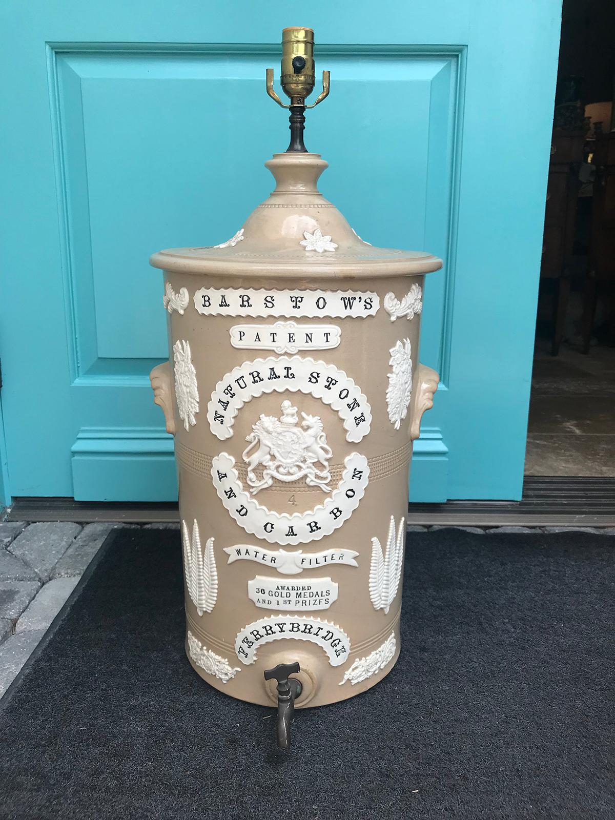 19th century English drabware water filter lamp.