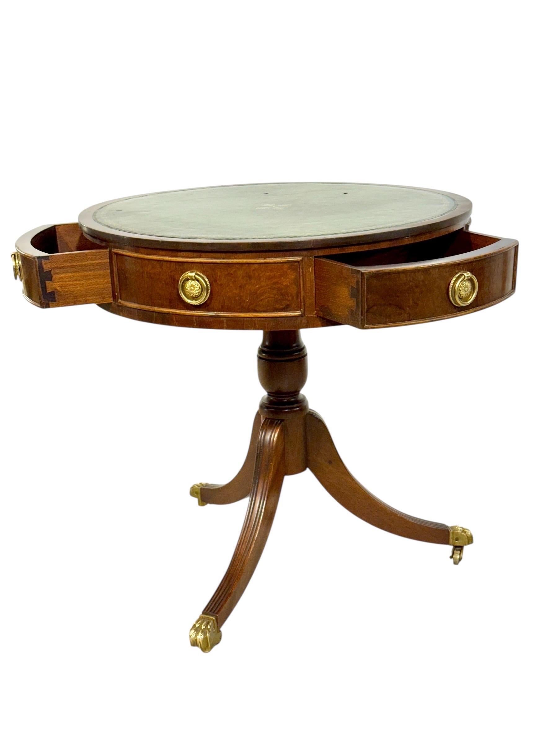 Bronze 19th Century English Drum Gueridon with Leather Top and Drawers For Sale