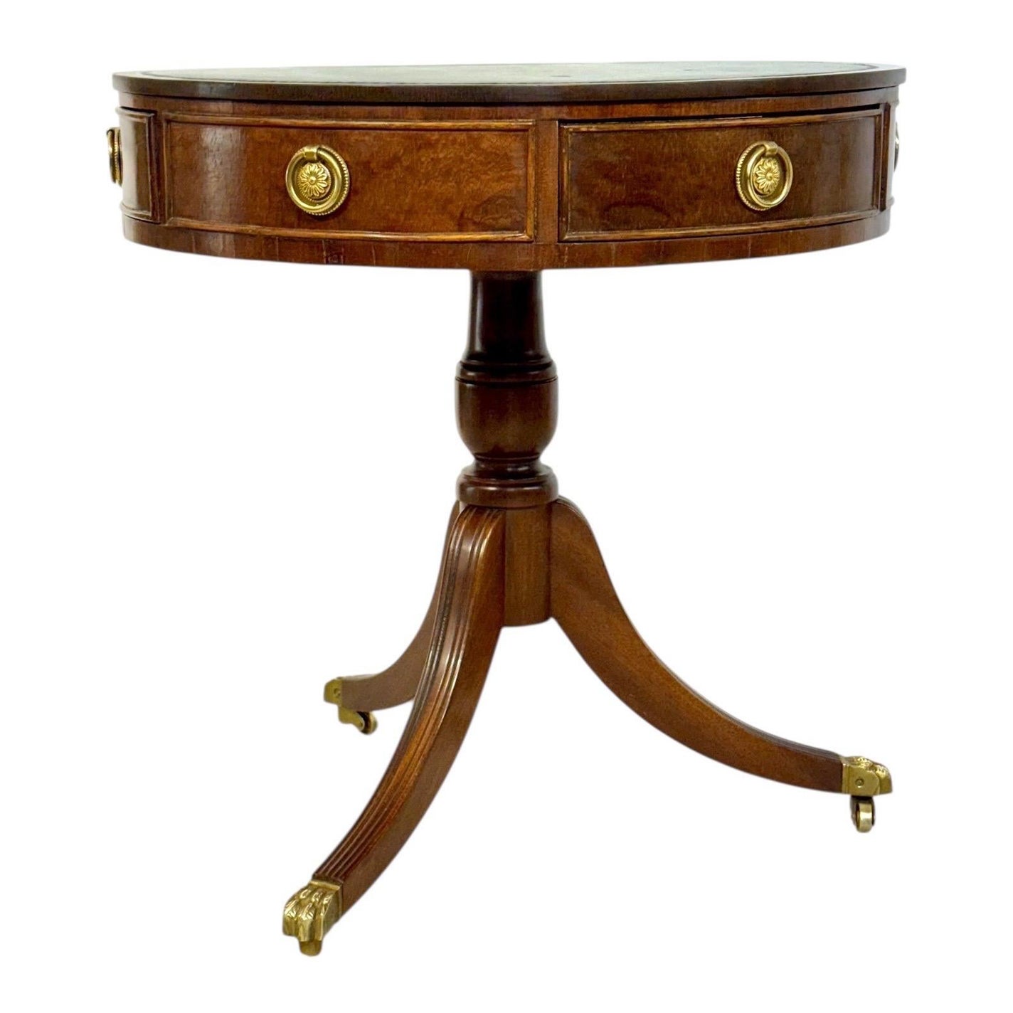 19th Century English Drum Gueridon with Leather Top and Drawers For Sale