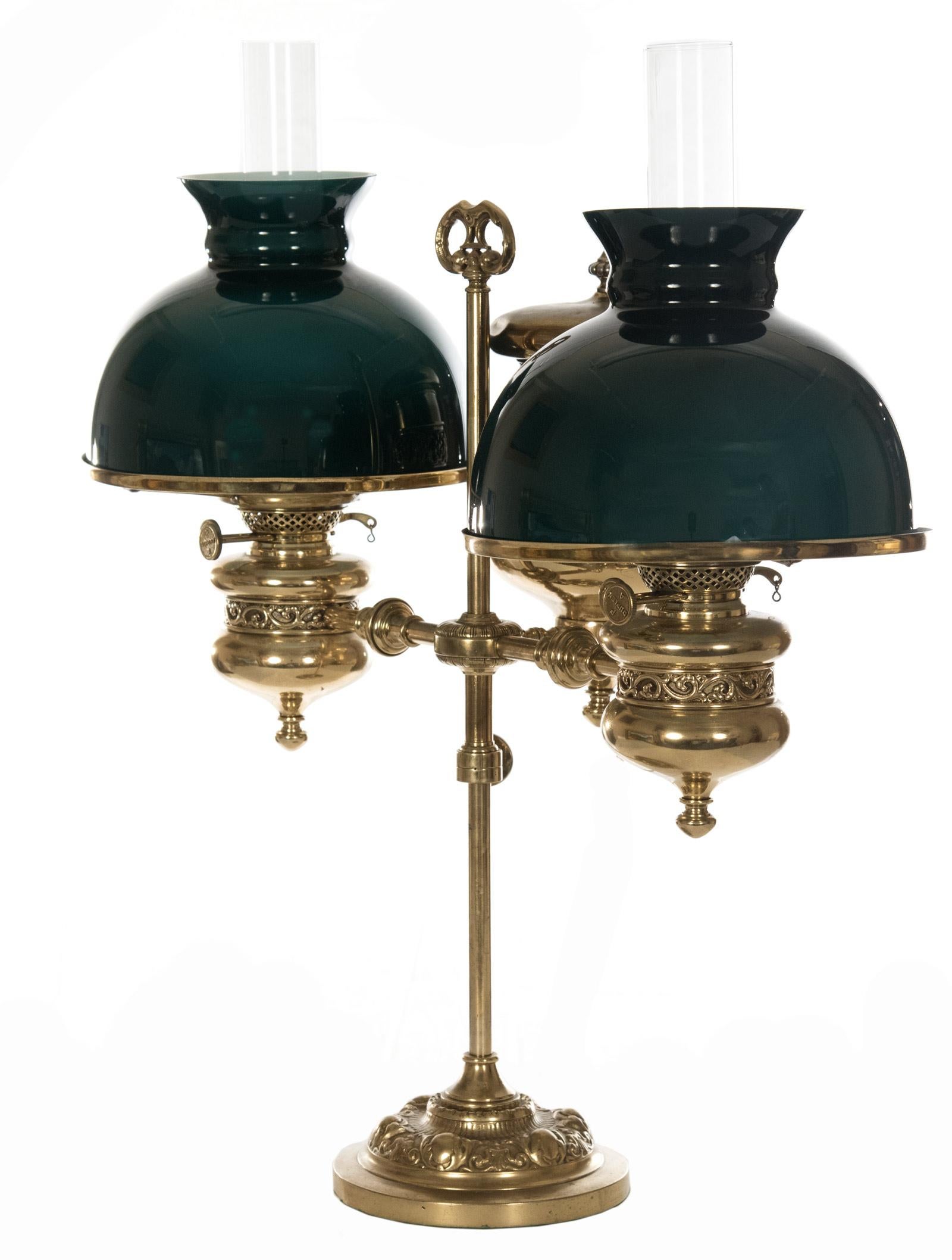 Victorian 19th Century English Duplex Green Case Glass Double Student Lamp