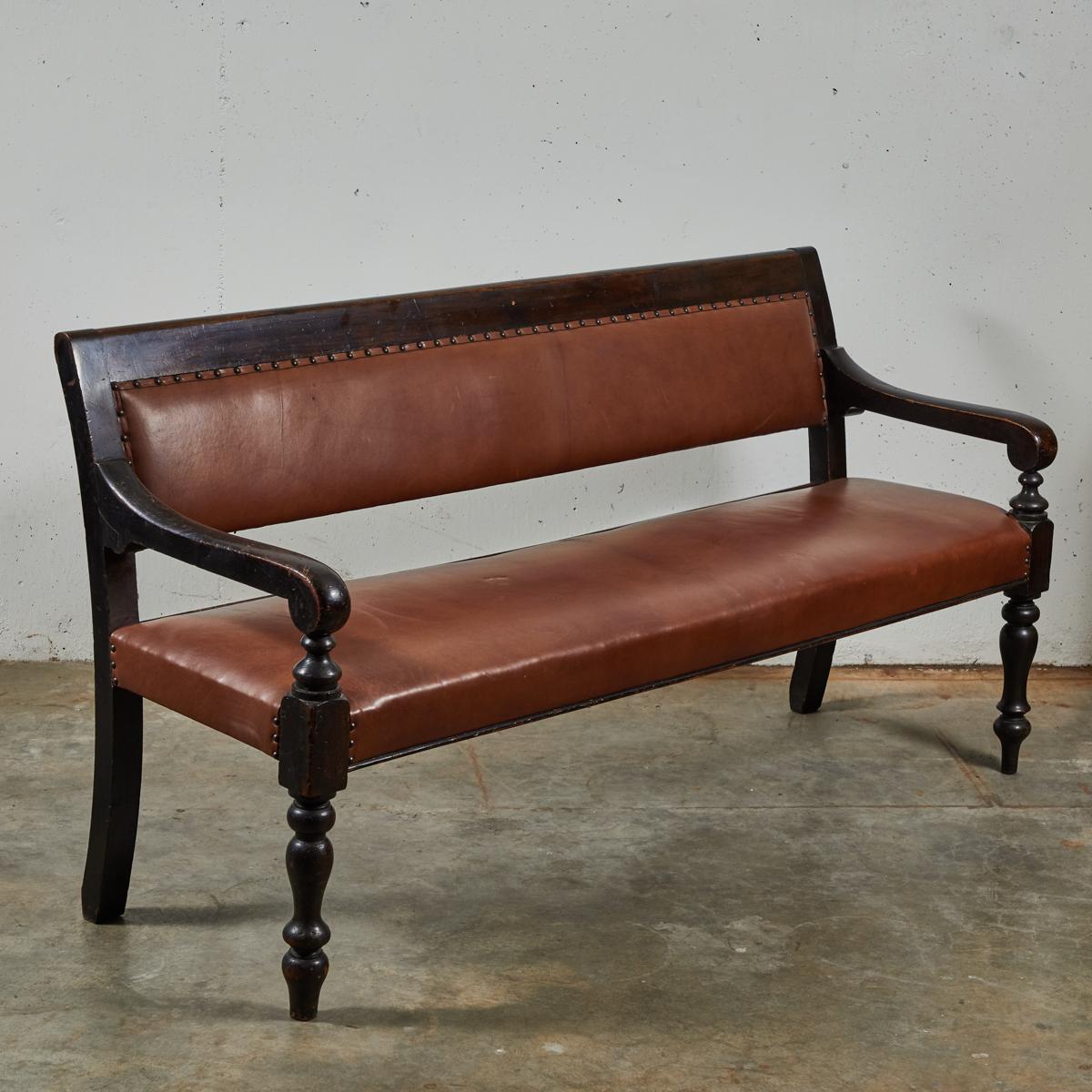 19th Century English Ebonized and Upholstered Leather Bench from Masonic Lodge In Good Condition In Los Angeles, CA