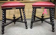 19th Century English Ebonized Twisted Legs Stools with Burgundy Studded Leather