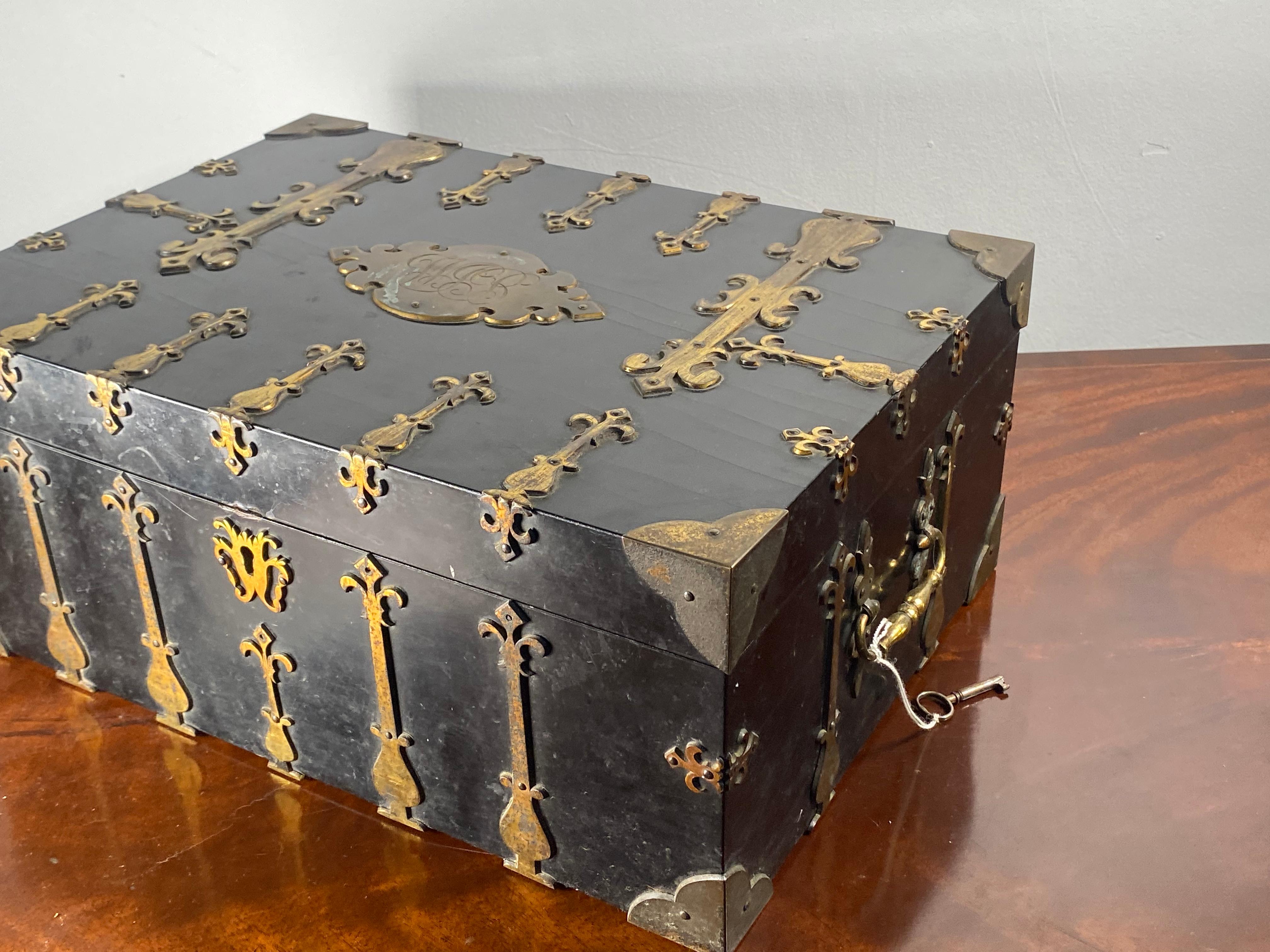 Charles II 19th Century English Ebony and Brass Mounted Box, in the Style of a Coffre Fort