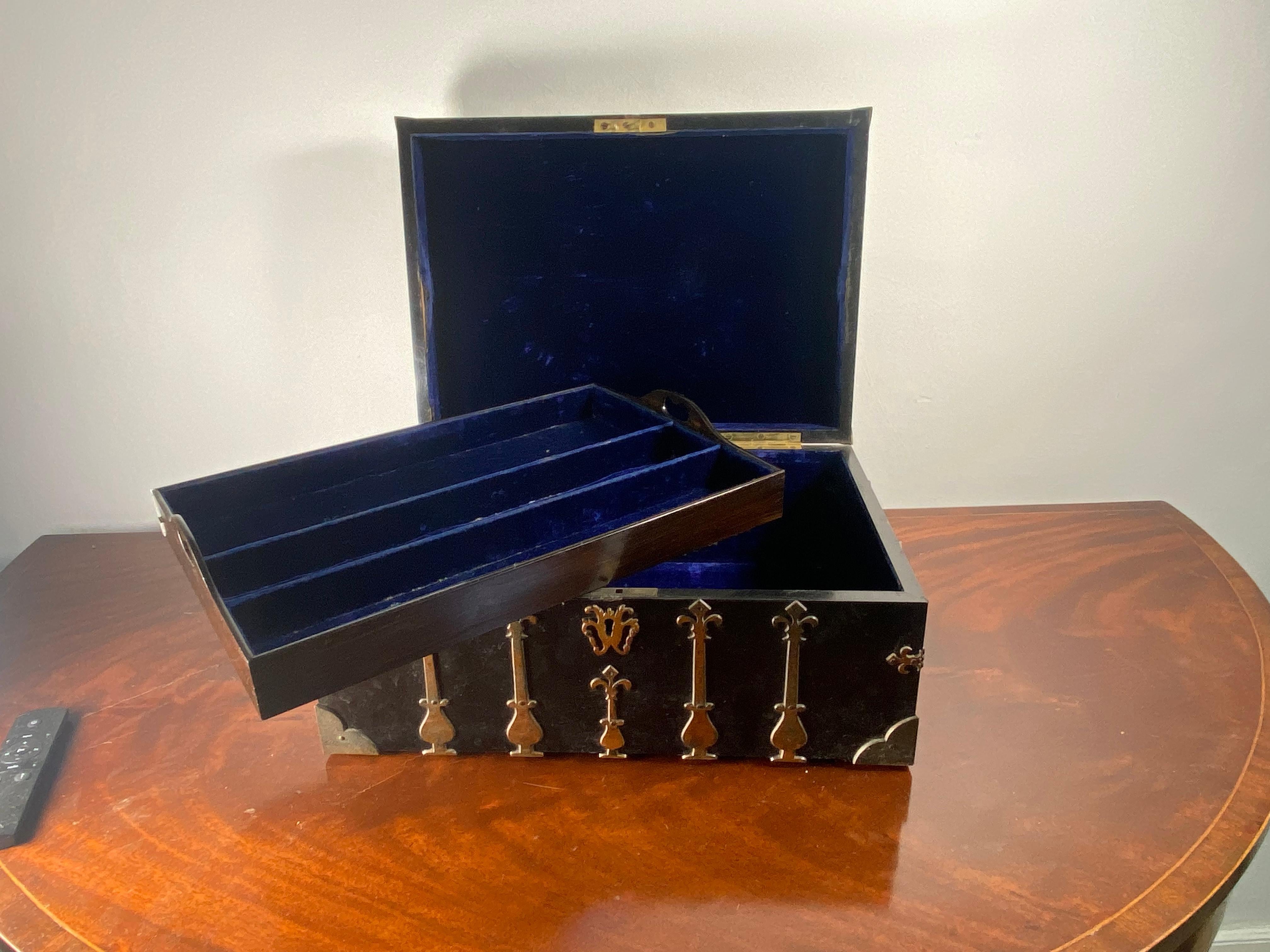 19th Century English Ebony and Brass Mounted Box, in the Style of a Coffre Fort 1