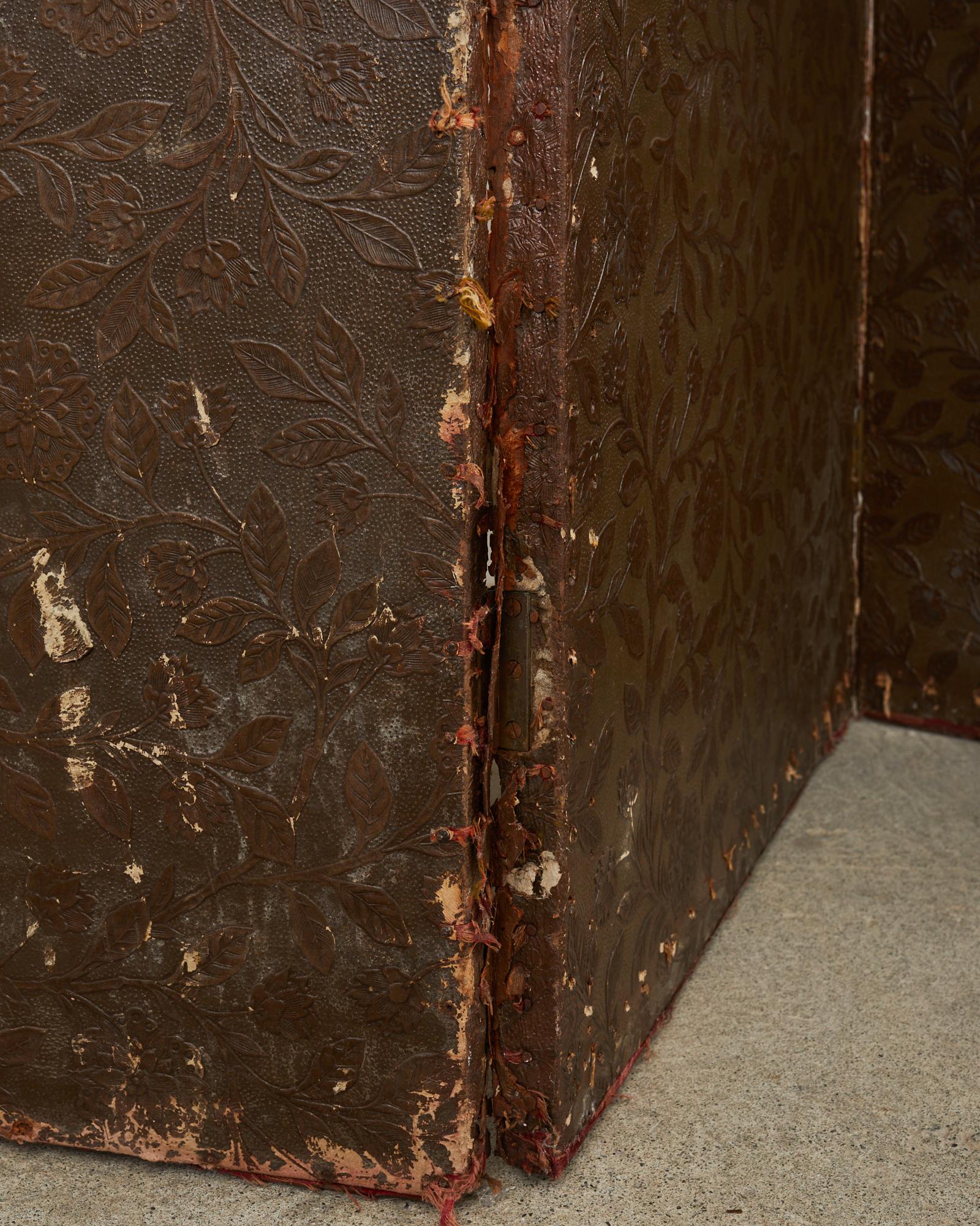 19th Century English Embossed Leather Wallpaper Screen For Sale 13
