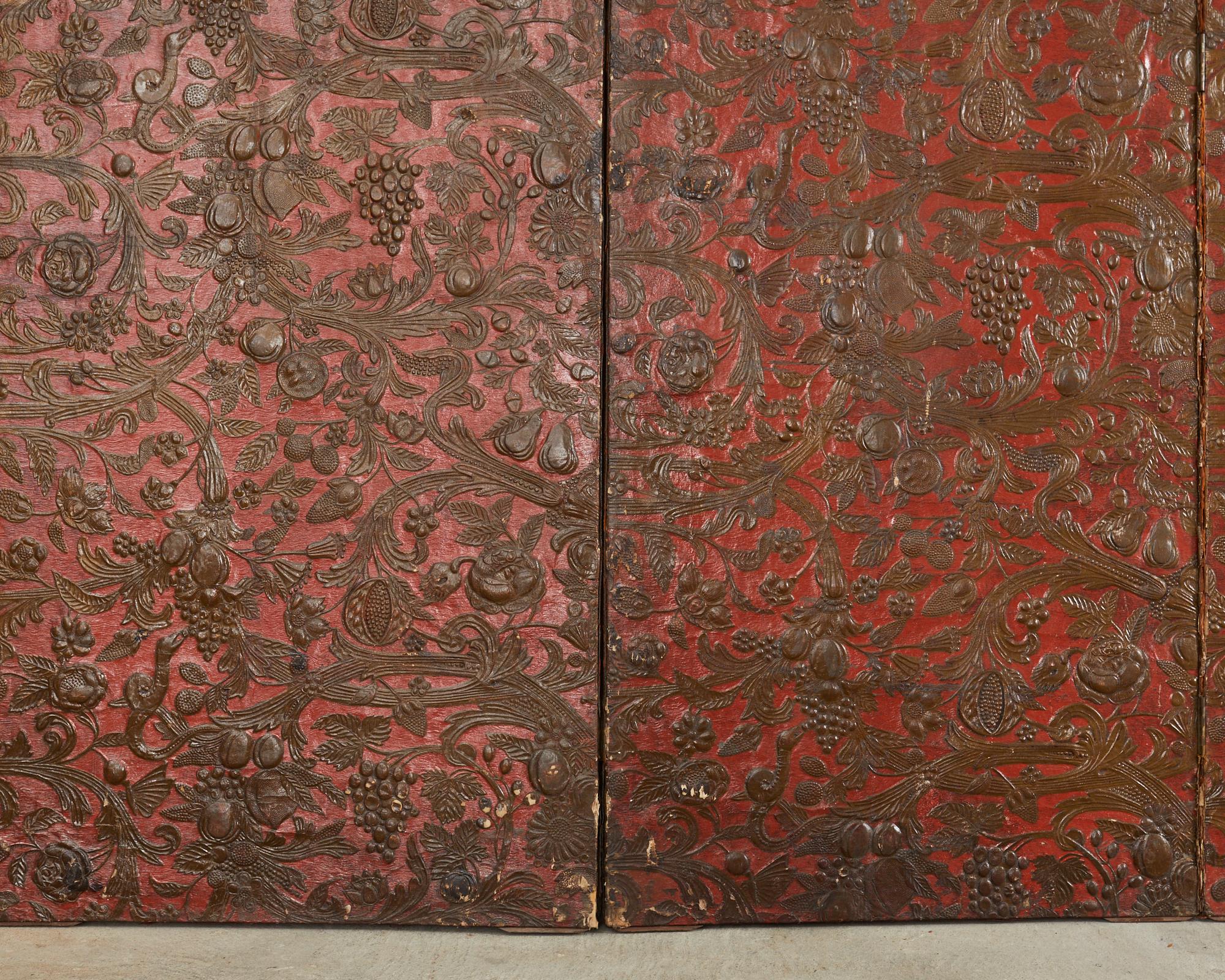 19th Century English Embossed Leather Wallpaper Screen For Sale 1