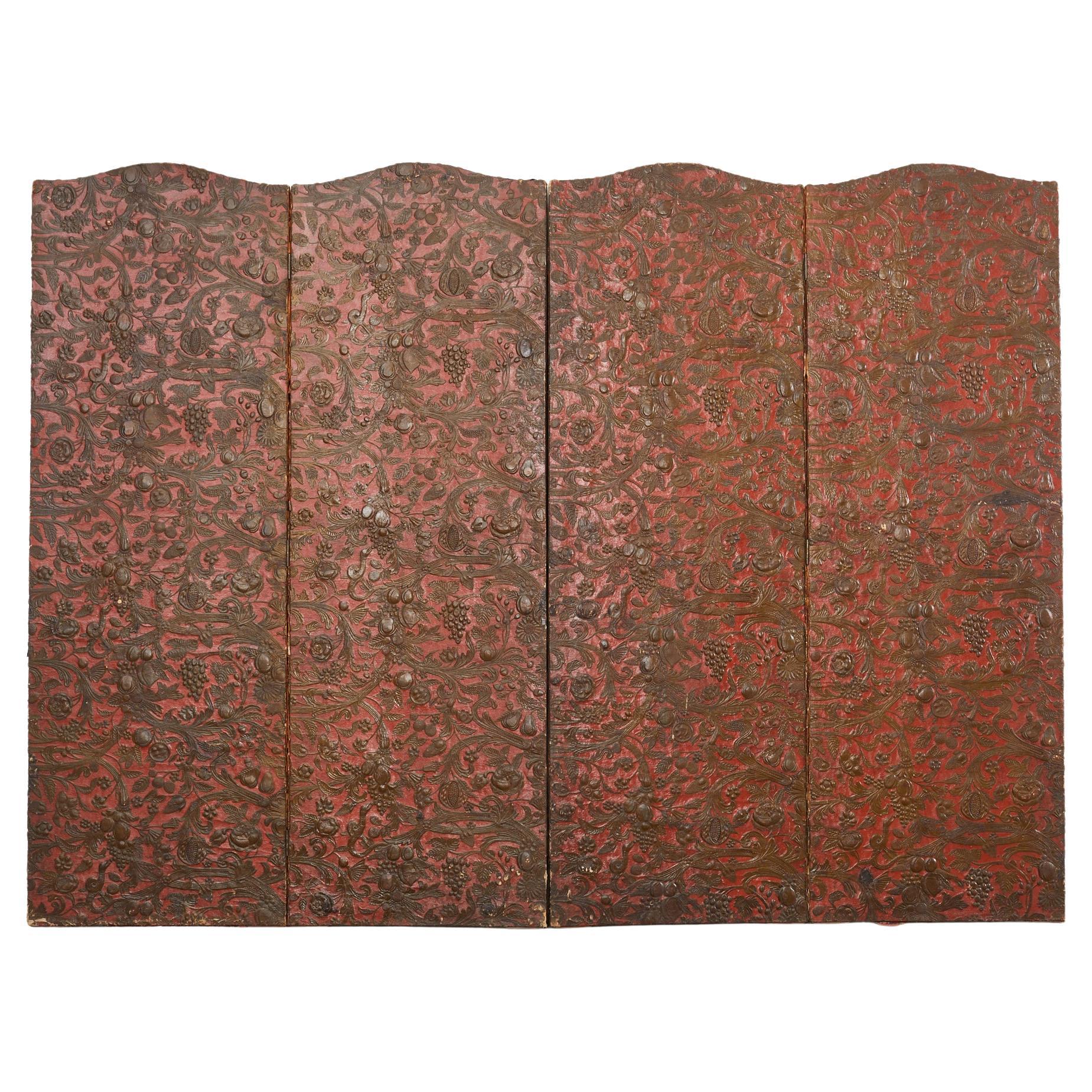 19th Century English Embossed Leather Wallpaper Screen For Sale