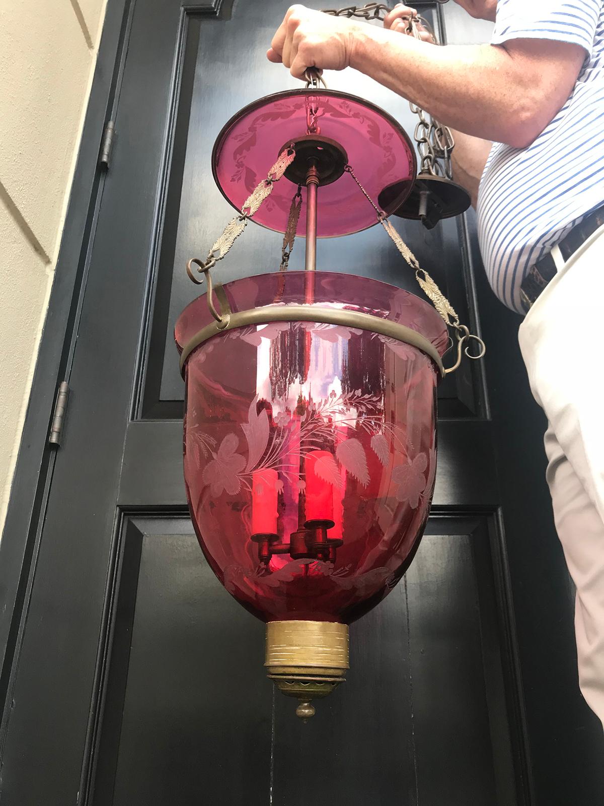 19th Century English Engraved Cranberry Glass Bell Jar Chandelier In Good Condition In Atlanta, GA