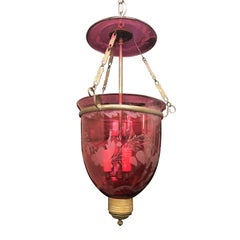 19th Century English Engraved Cranberry Glass Bell Jar Chandelier