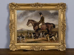 19th Century English Equestrian Hunt Scene Painting with Rider and Hounds