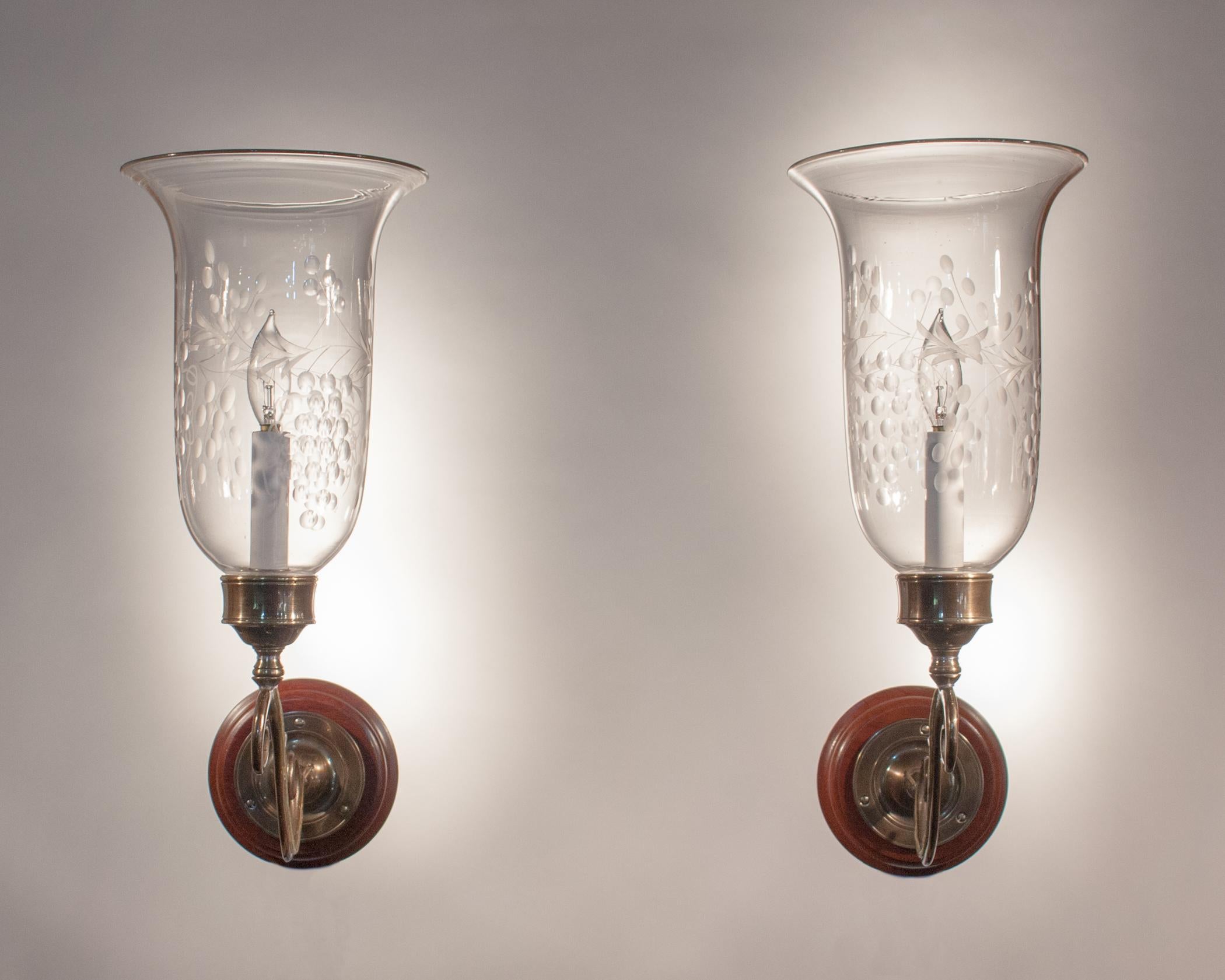Victorian 19th Century English Etched Hurricane Shade Wall Sconces