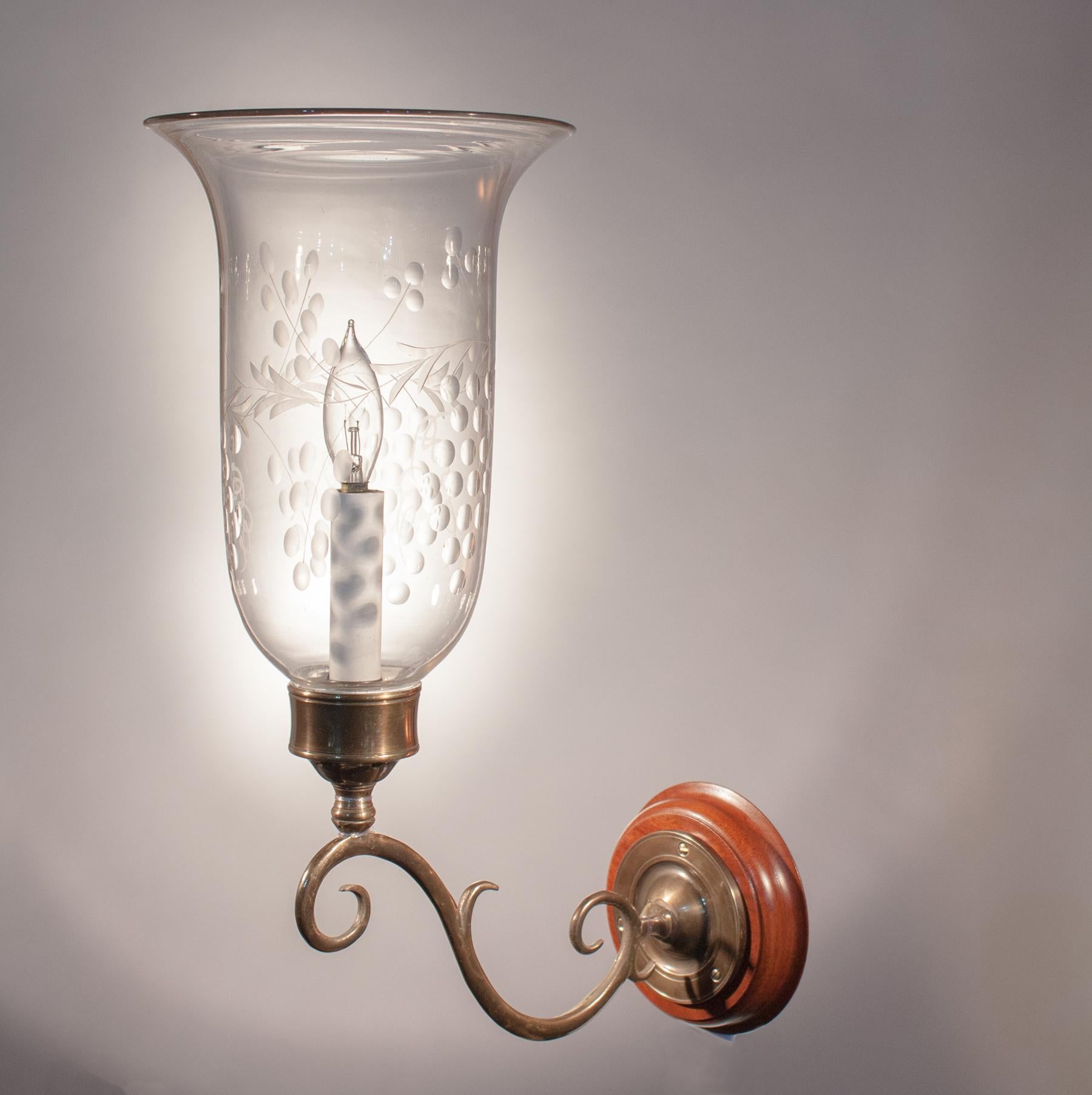 19th Century English Etched Hurricane Shade Wall Sconces In Good Condition In Heath, MA
