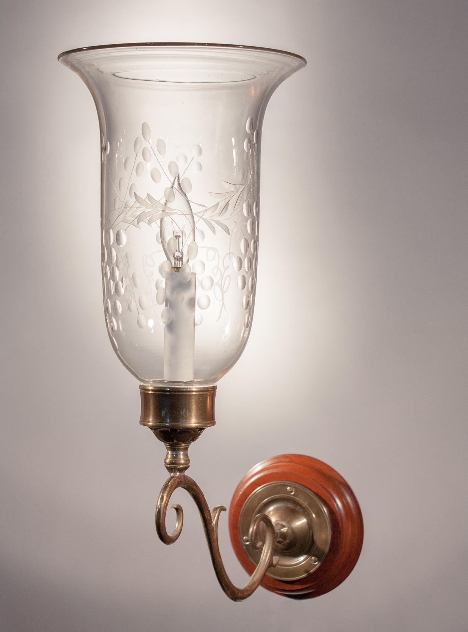 Blown Glass 19th Century English Etched Hurricane Shade Wall Sconces