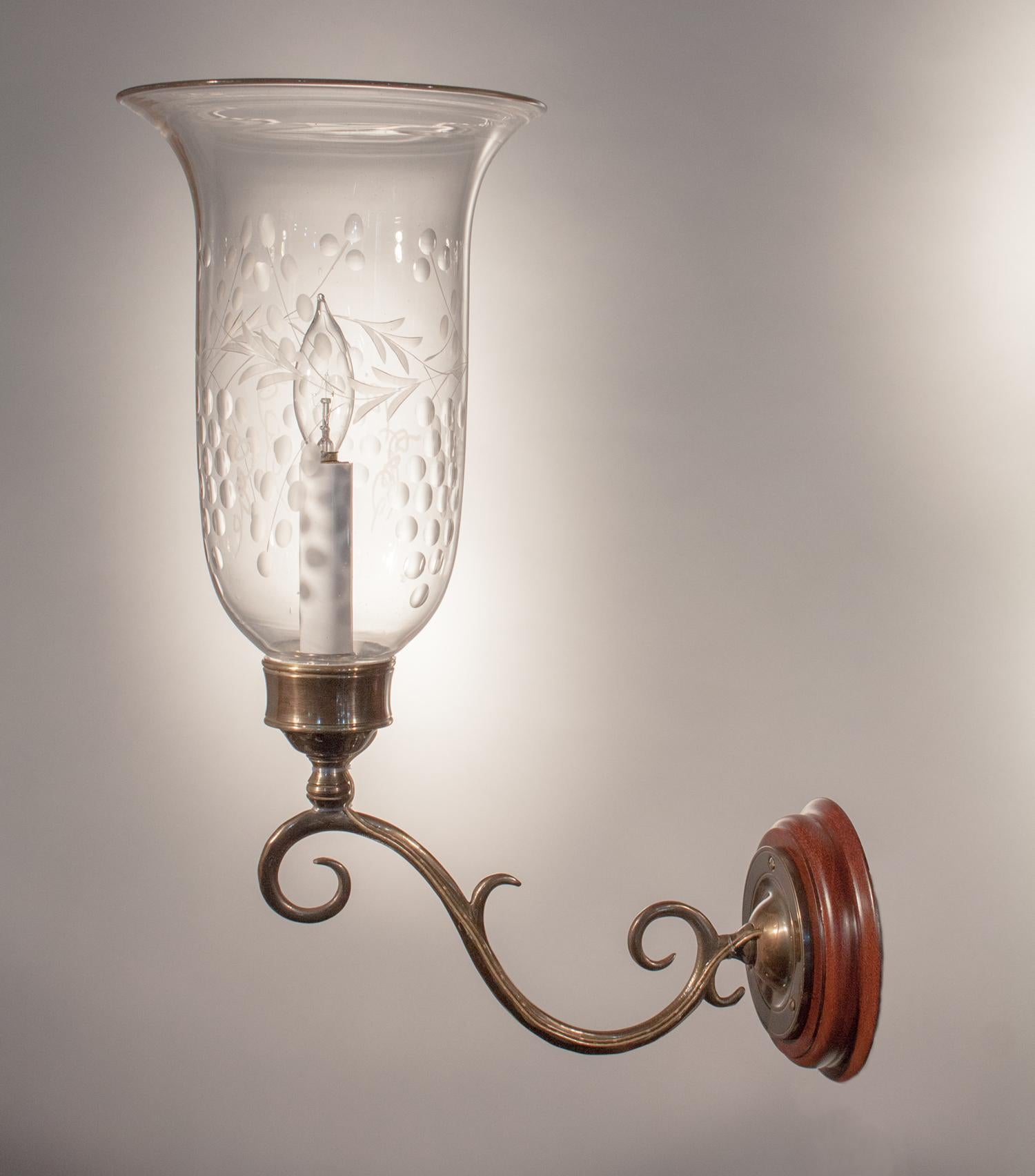19th Century English Etched Hurricane Shade Wall Sconces 1