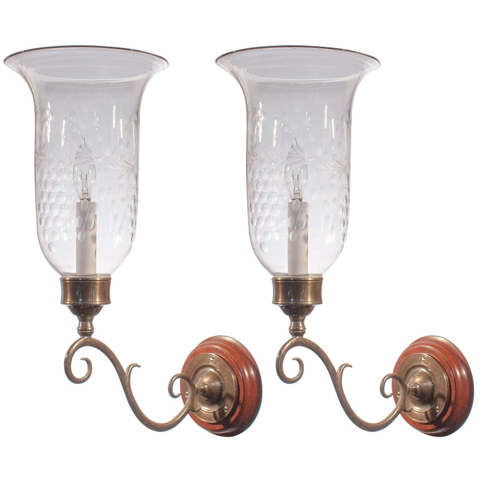 19th Century English Etched Hurricane Shade Wall Sconces