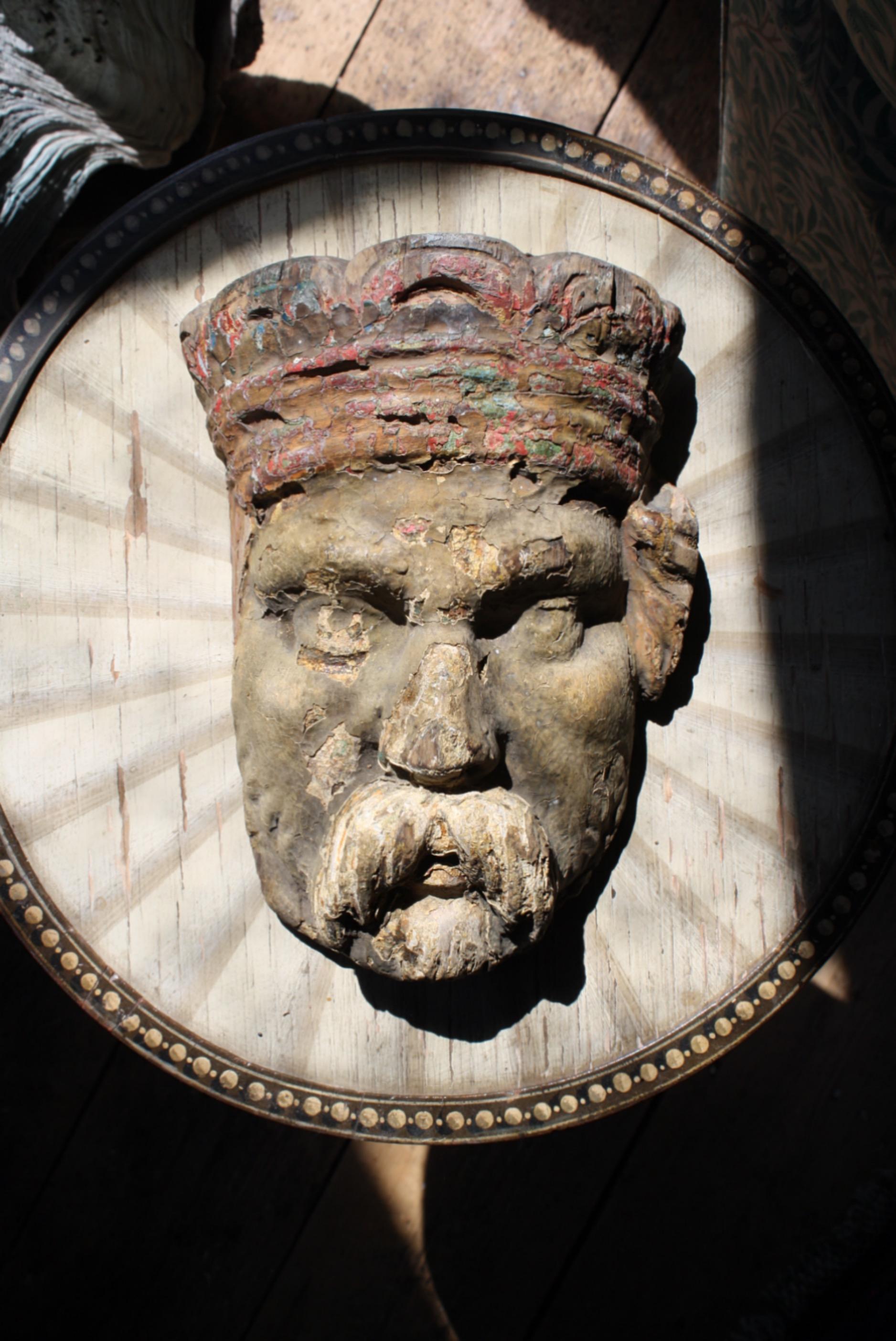 19th Century English Fairground Circus Mask Bust Carving Ottoman Curio 4