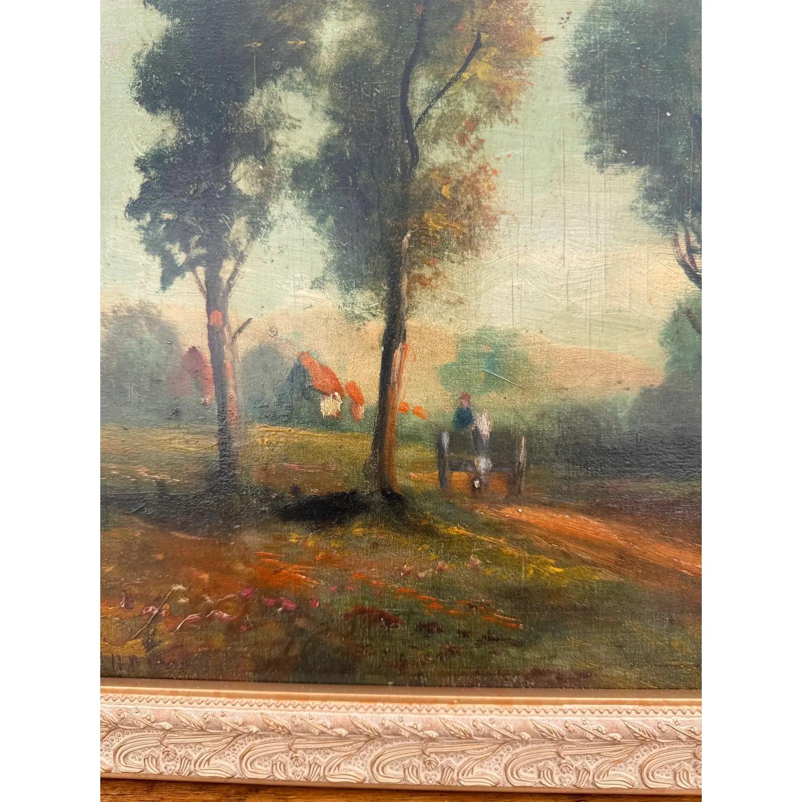 Cette huile sur toile est la quintessence de la peinture du XIXe siècle ! Ses couleurs automnales montrent un fermier voyageant avec son cheval et sa charrette au crépuscule. De grands arbres encadrent la route alors qu'il quitte le village. Même le