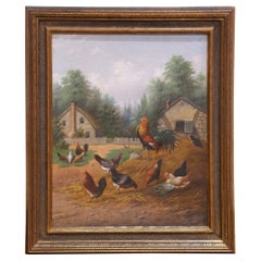 19th Century English Farmyard Oil on Canvas Painting Signed Howard Hill