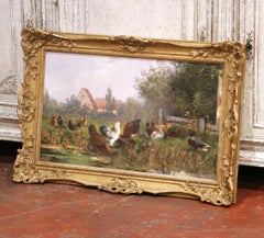 19th Century English Farmyard Oil Painting in Carved Gilt Frame Signed B. Ewald