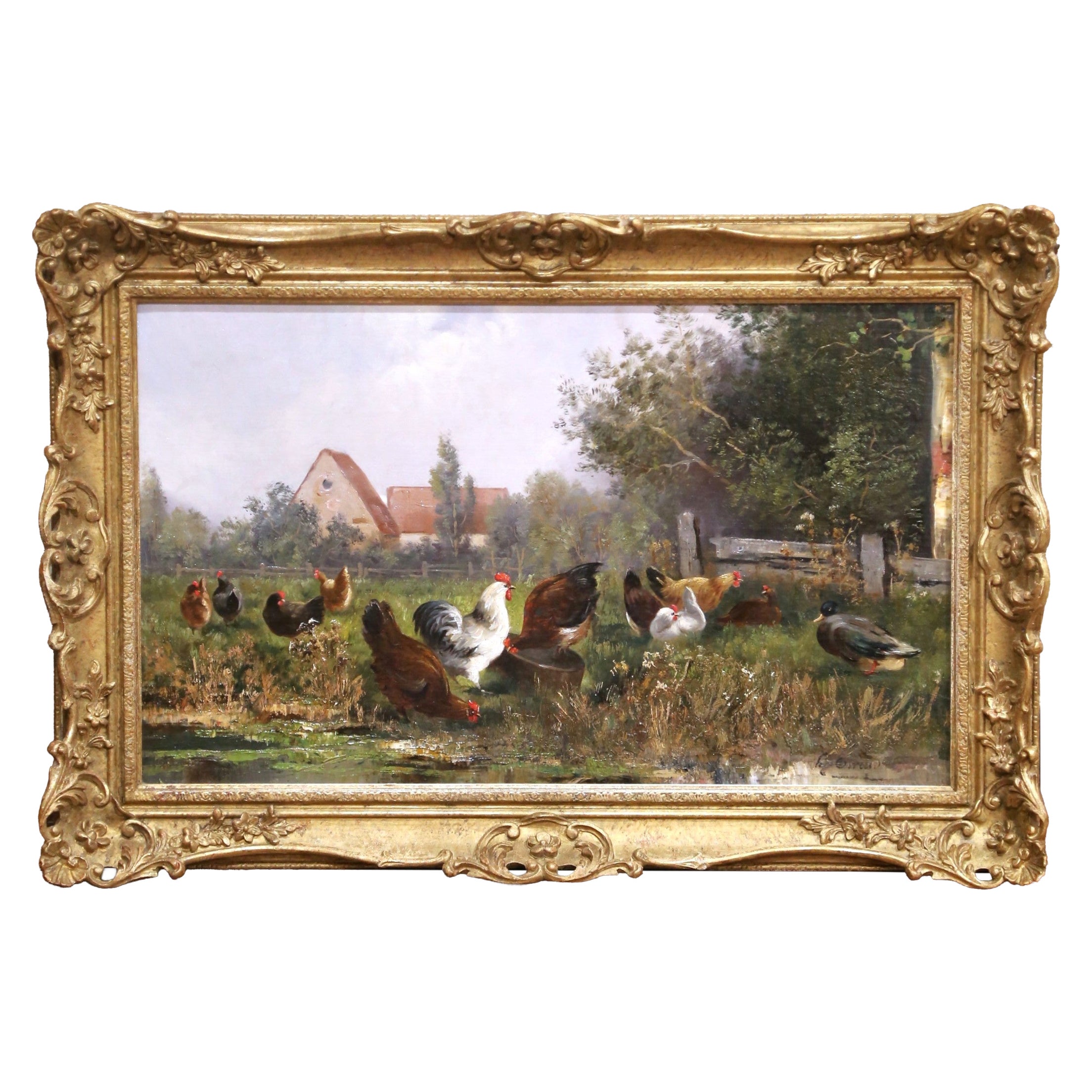 19th Century English Farmyard Oil Painting in Carved Gilt Frame Signed B. Ewald