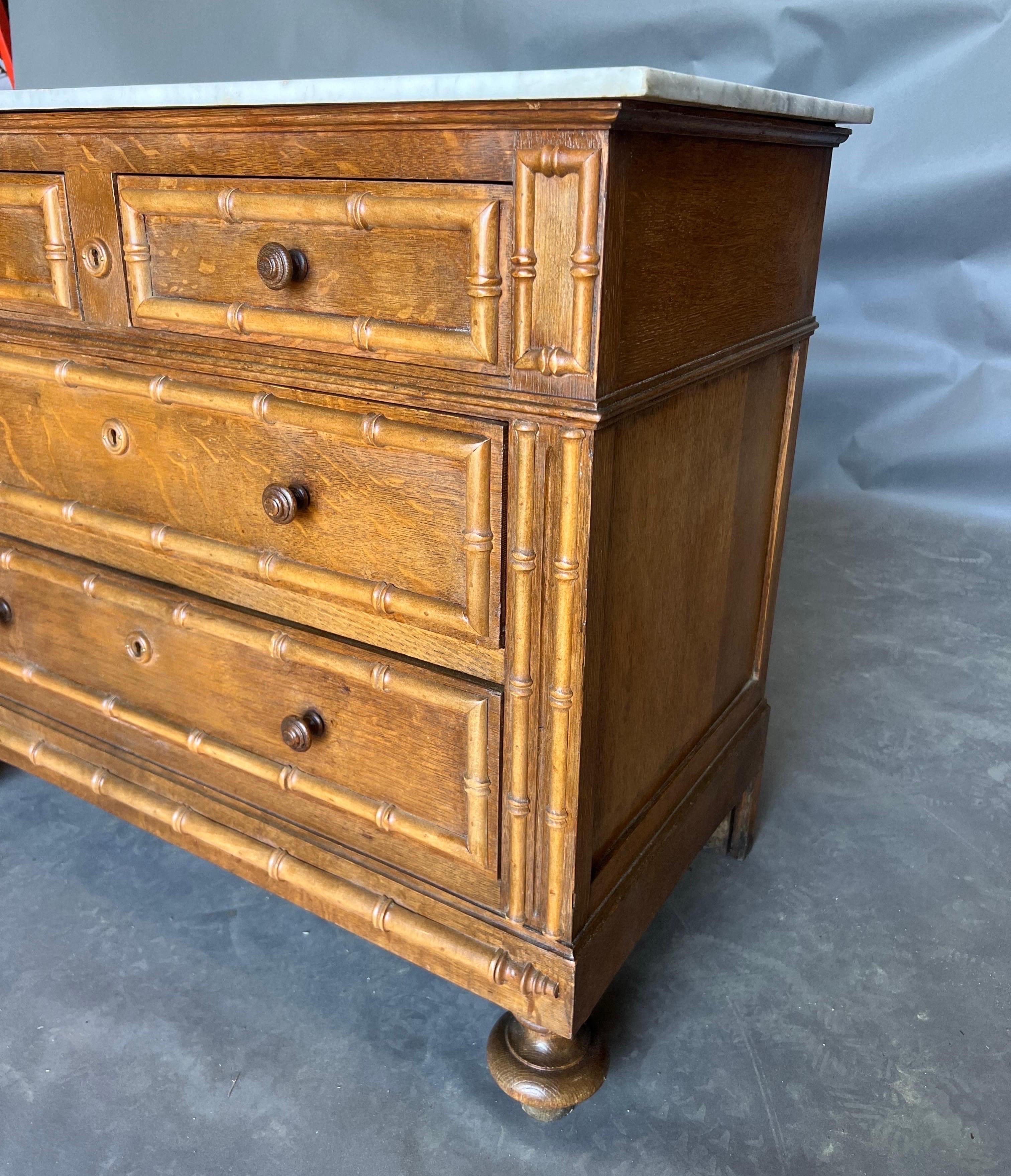 19th century English faux bamboo marble top bedside chest  In Good Condition For Sale In Charleston, SC