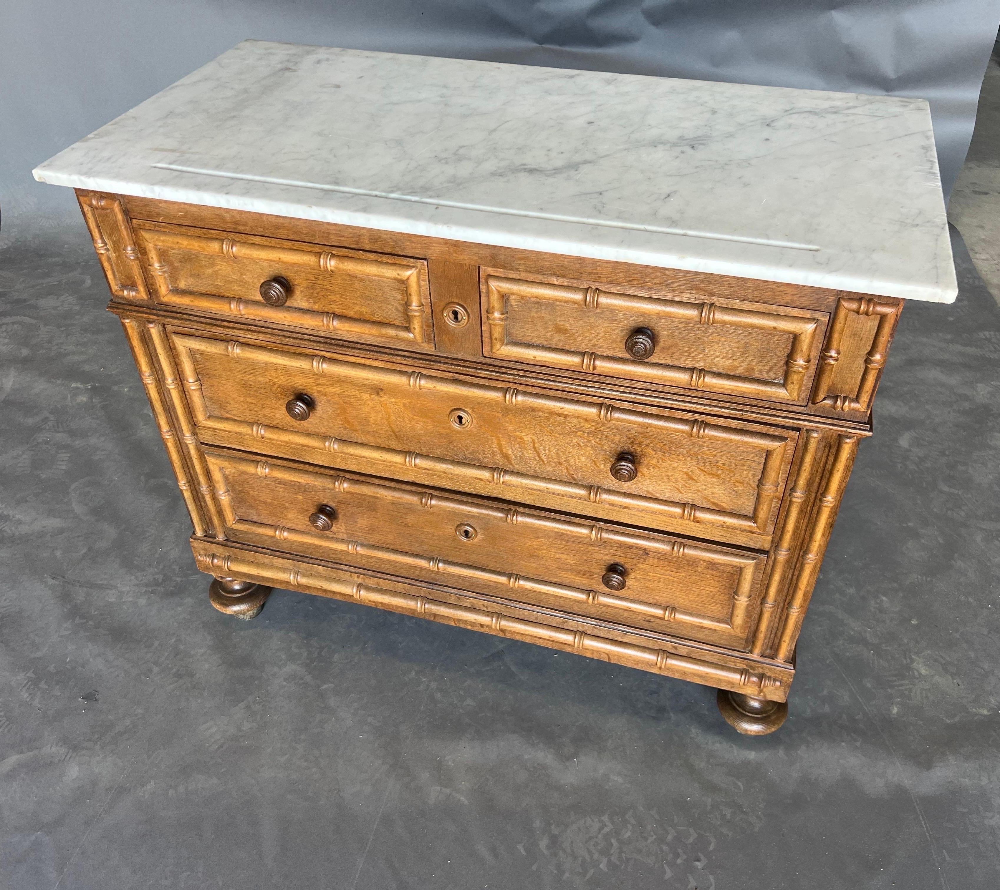 19th Century 19th century English faux bamboo marble top bedside chest  For Sale