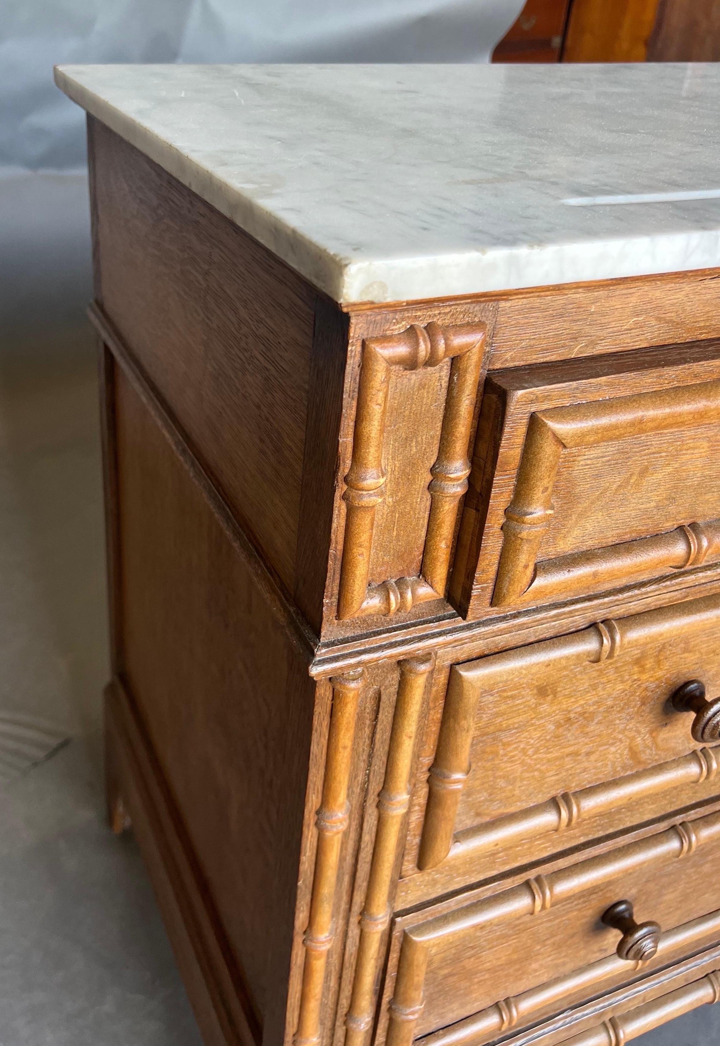 19th century English faux bamboo marble top bedside chest  For Sale 2