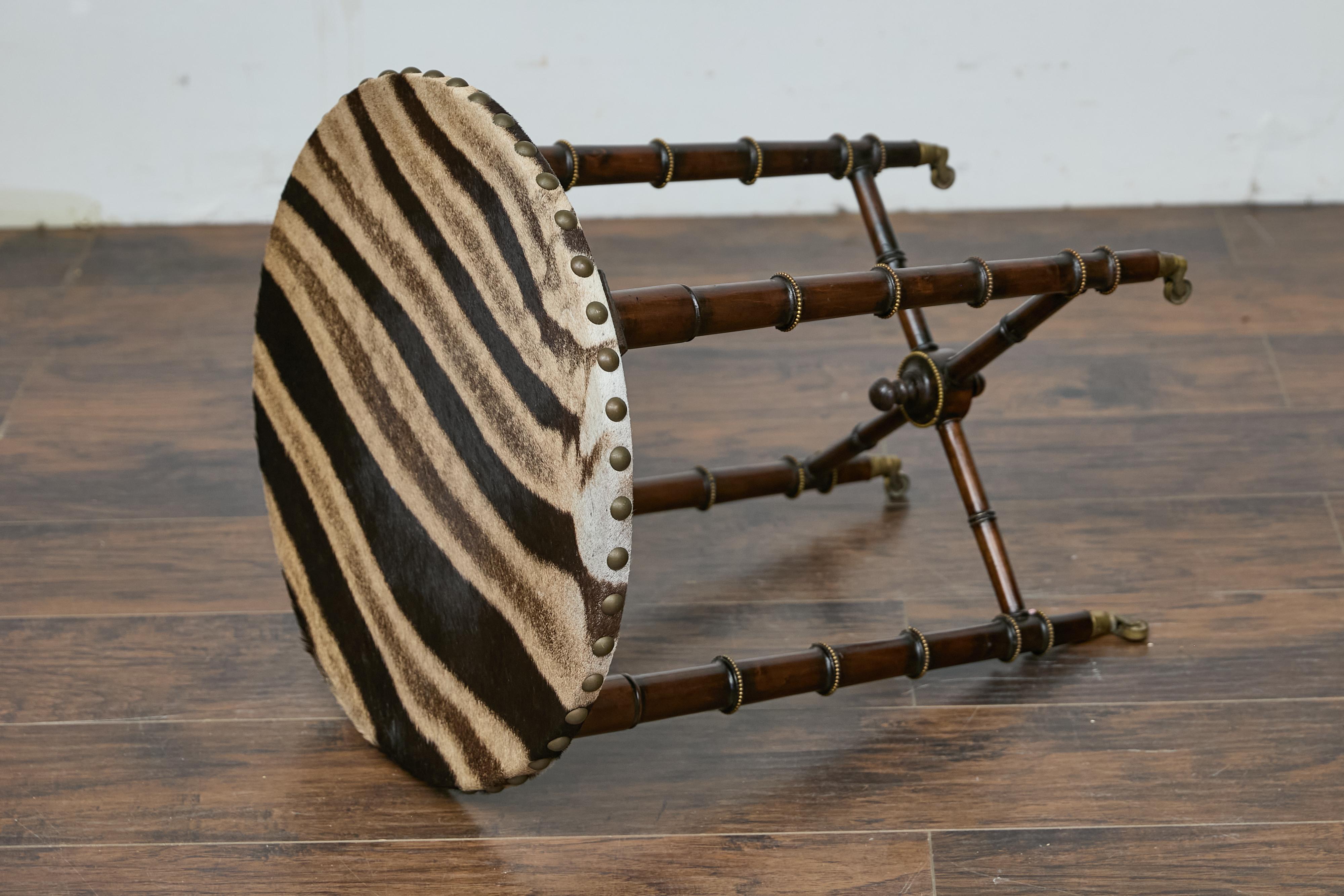 19th Century English Faux Bamboo Side Table with Zebra Hide Top and Casters For Sale 7