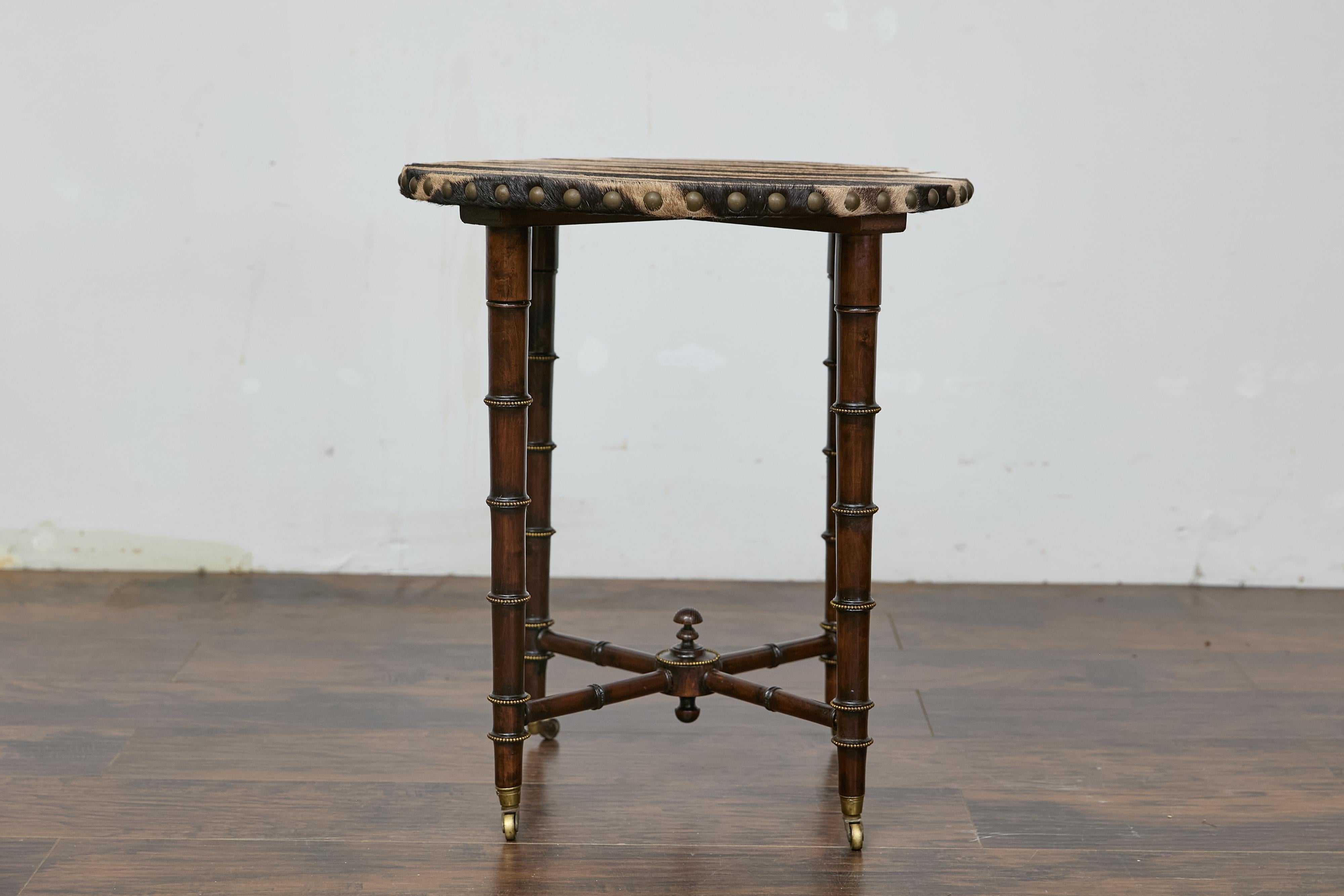 19th Century English Faux Bamboo Side Table with Zebra Hide Top and Casters For Sale 9