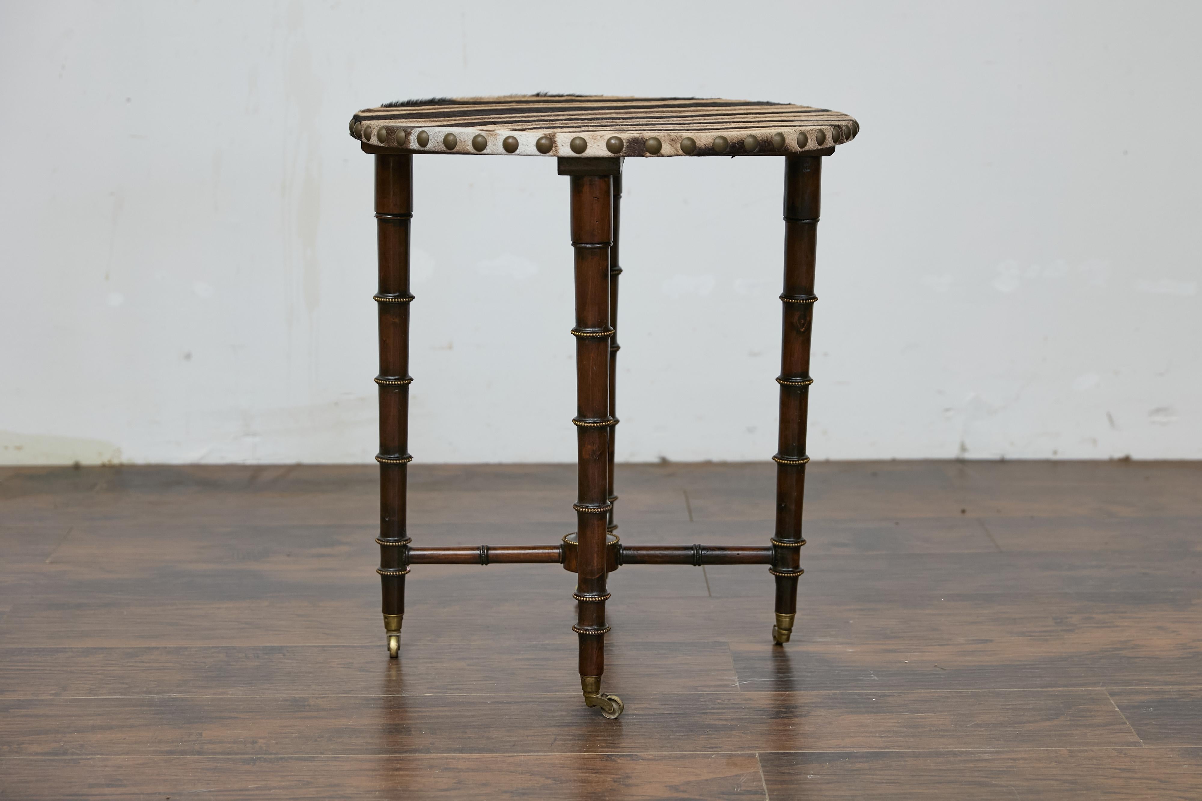 19th Century English Faux Bamboo Side Table with Zebra Hide Top and Casters For Sale 2