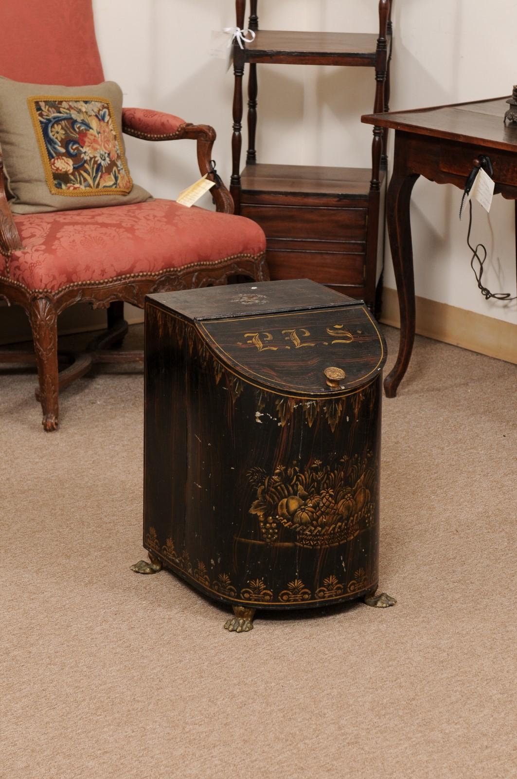 19th Century English Faux Bois Black Painted Tole Coal Hod with Paw Feet For Sale 6