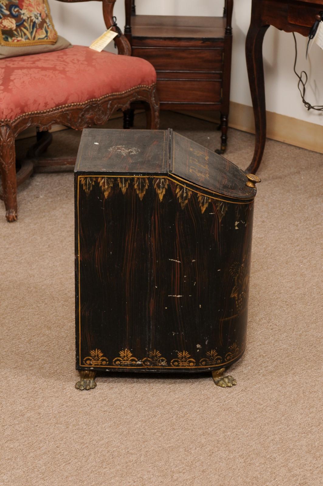 19th Century English Faux Bois Black Painted Tole Coal Hod with Paw Feet For Sale 9