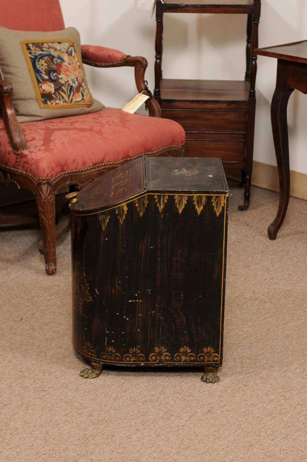 Metal 19th Century English Faux Bois Black Painted Tole Coal Hod with Paw Feet For Sale