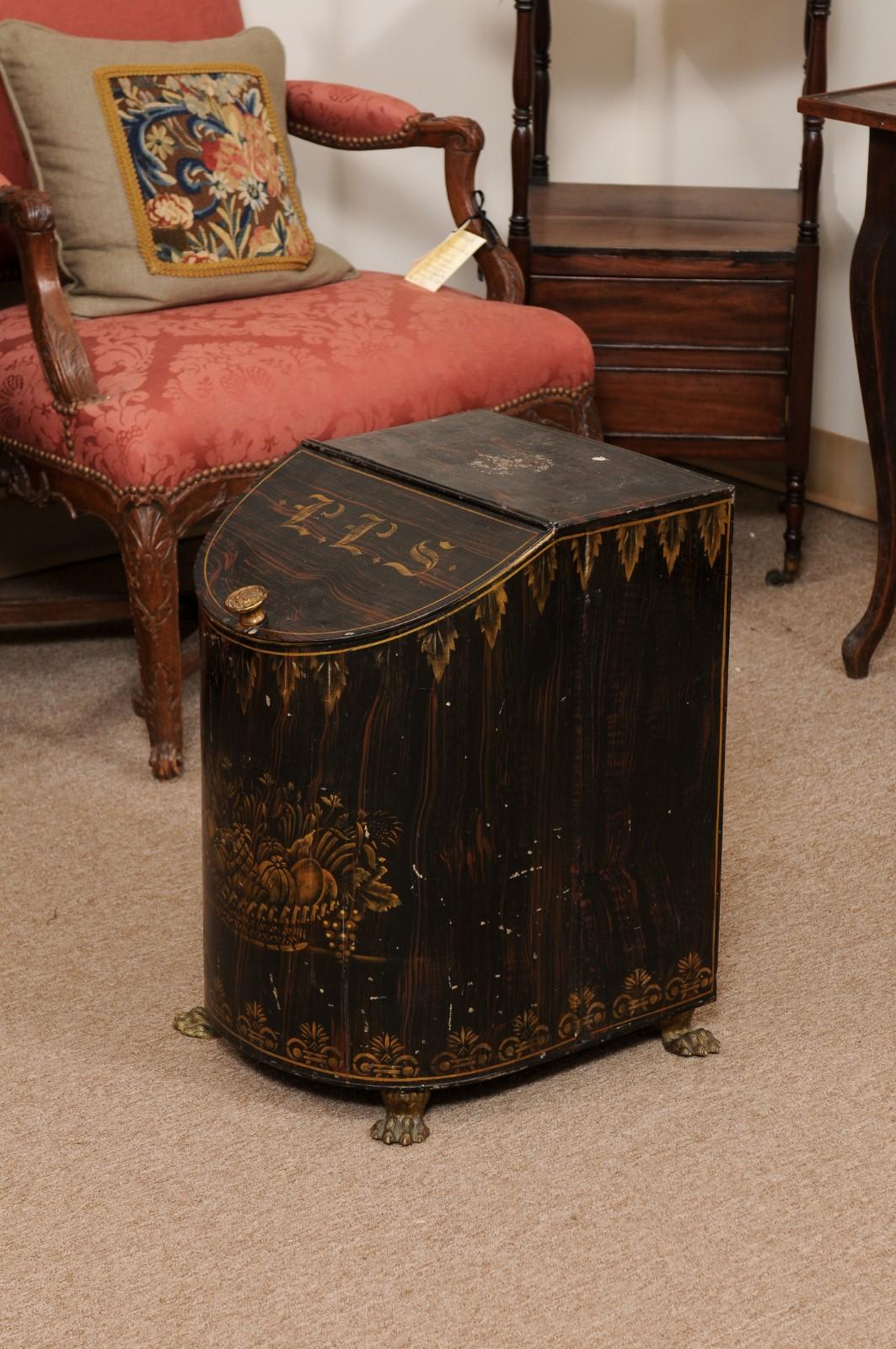 19th Century English Faux Bois Black Painted Tole Coal Hod with Paw Feet For Sale 1