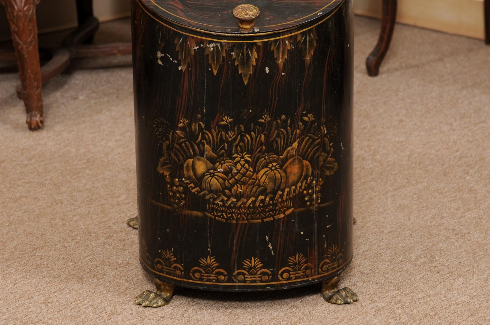 19th Century English Faux Bois Black Painted Tole Coal Hod with Paw Feet For Sale 4