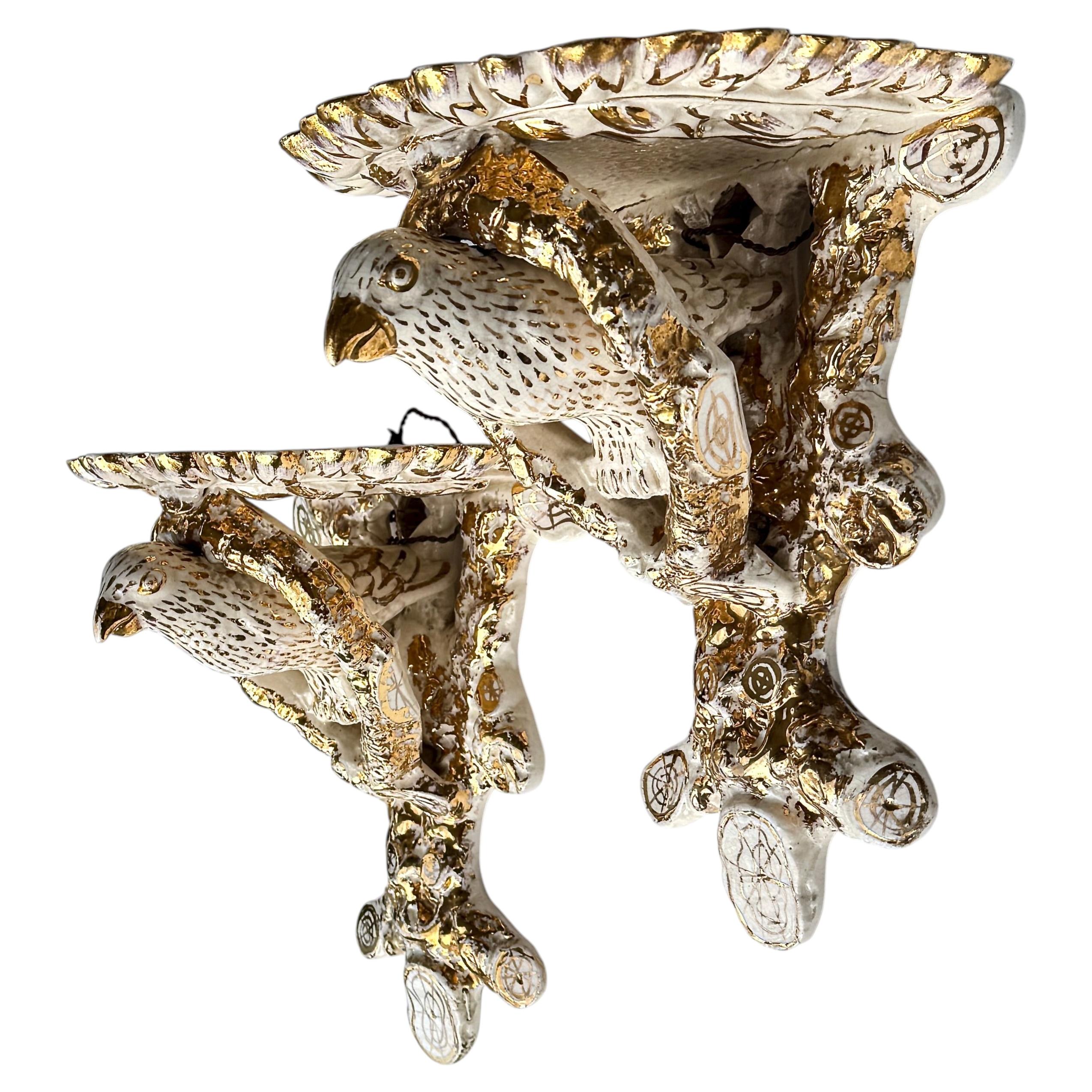 19th Century English Faux Bois Ceramic Wall Brackets with Parrots a Pair