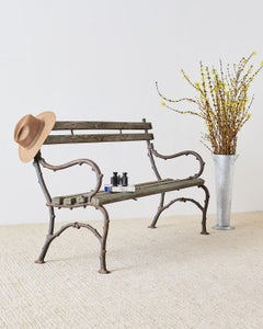 19th Century English Faux Bois Iron Wood Garden Bench