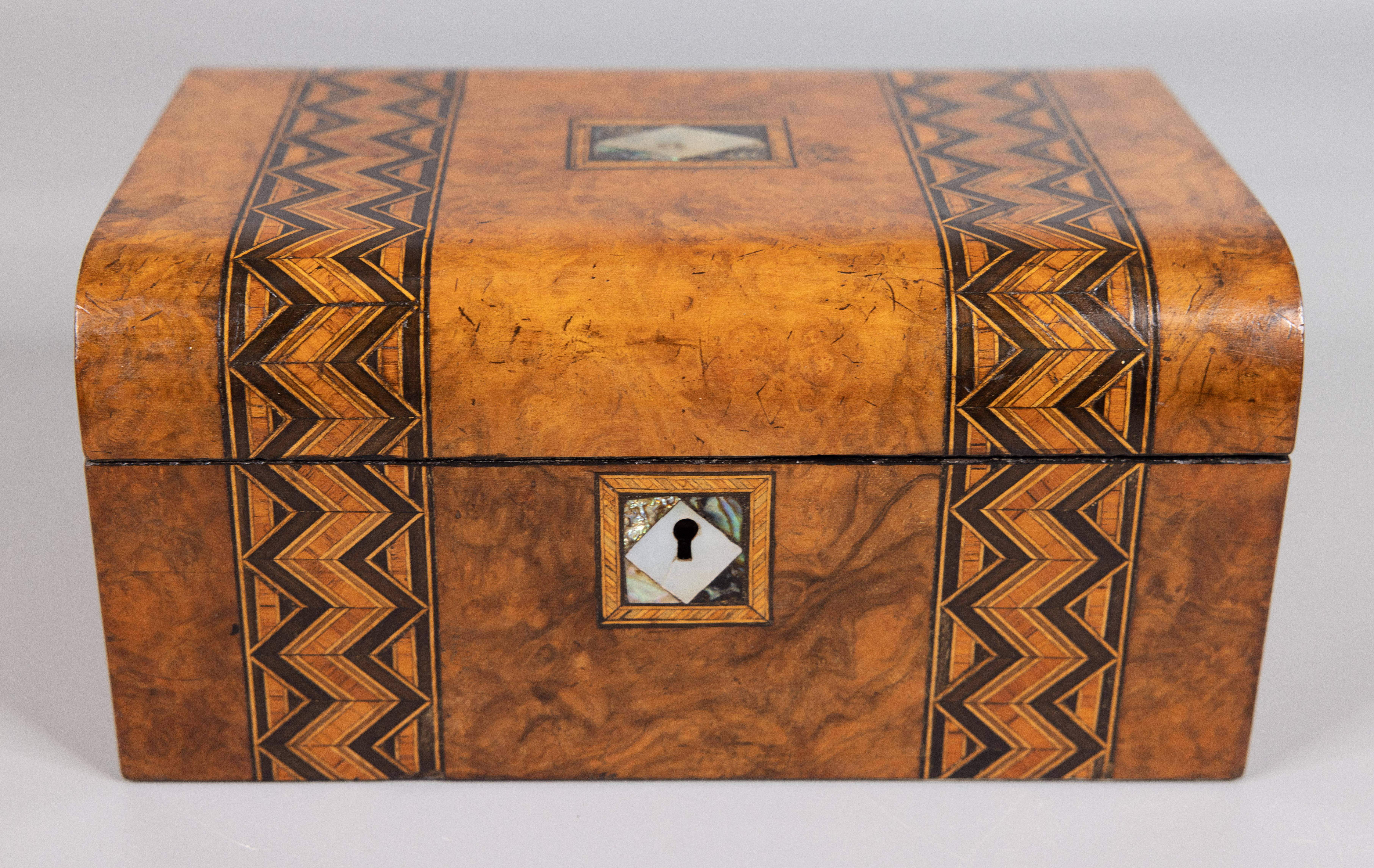 Inlay 19th-Century English Figured Walnut Domed Tunbridge Box, Lock & Key
