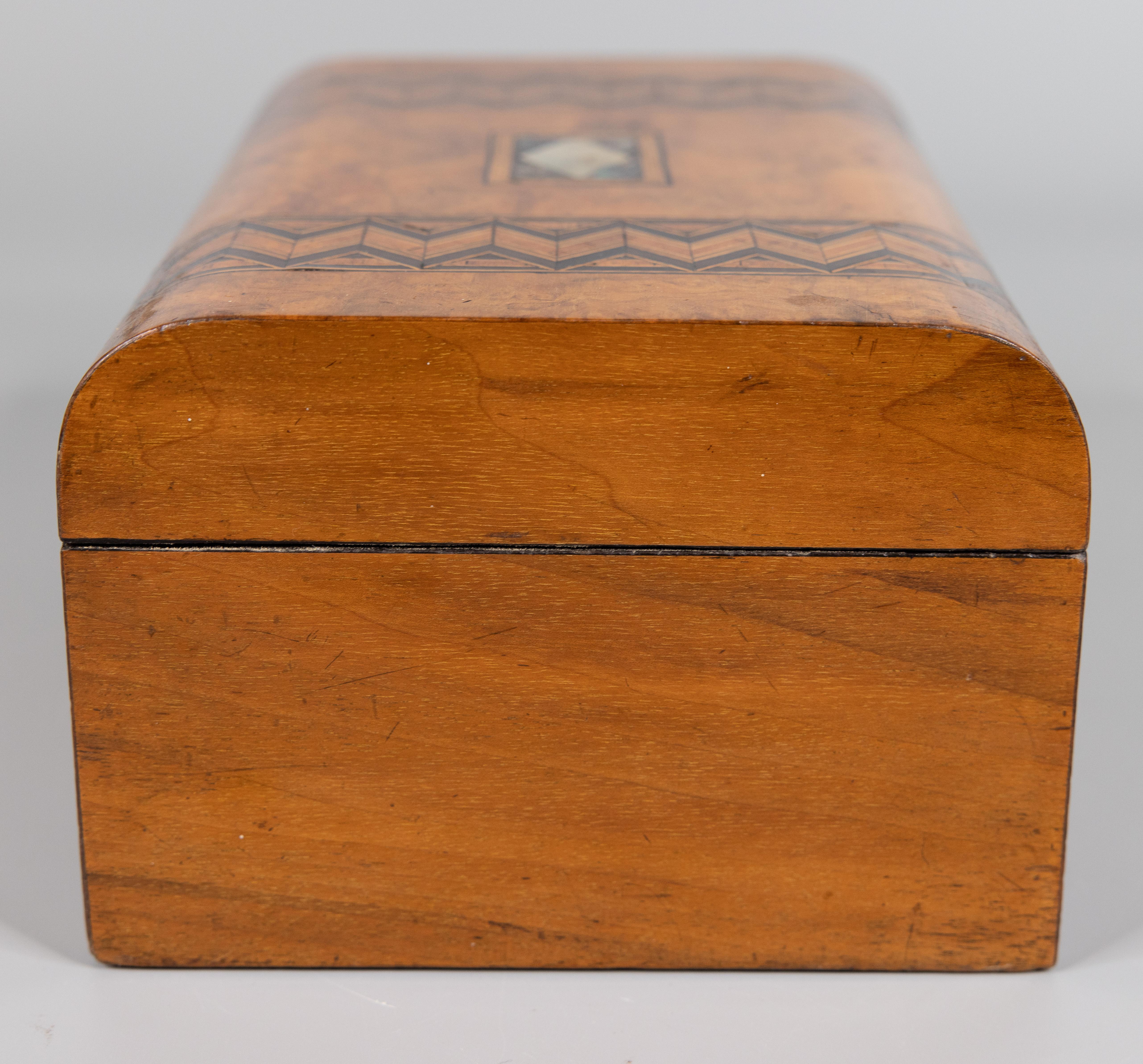 Mother-of-Pearl 19th-Century English Figured Walnut Domed Tunbridge Box, Lock & Key