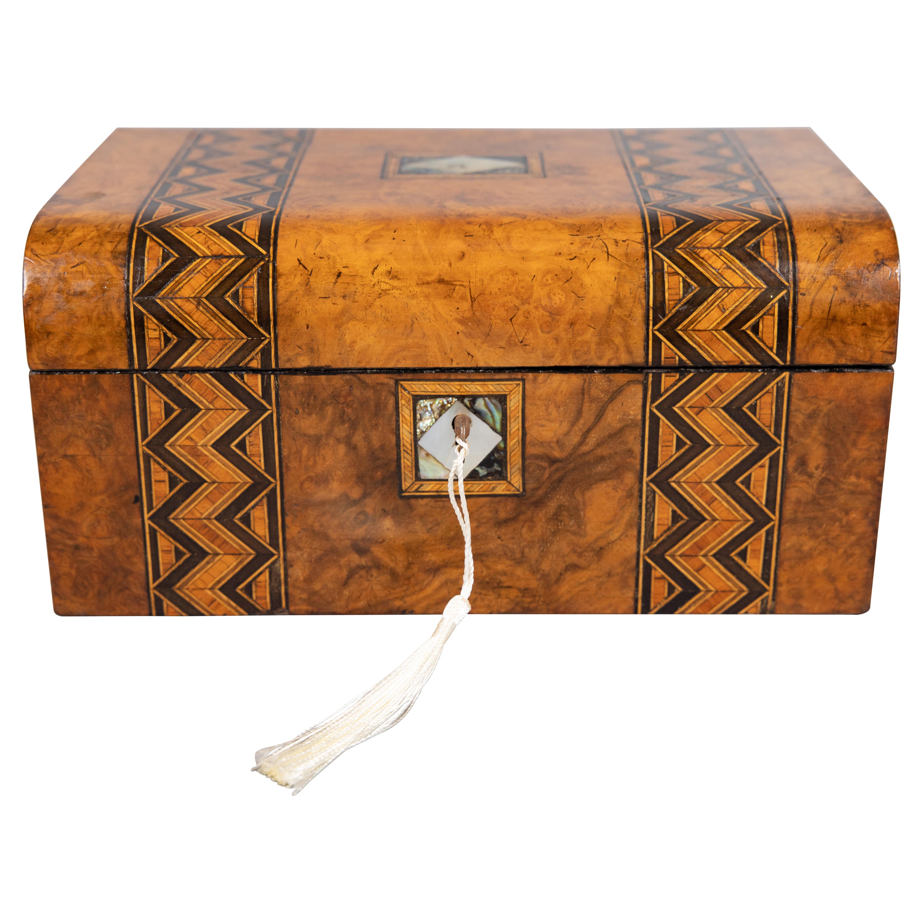 19th-Century English Figured Walnut Domed Tunbridge Box, Lock & Key